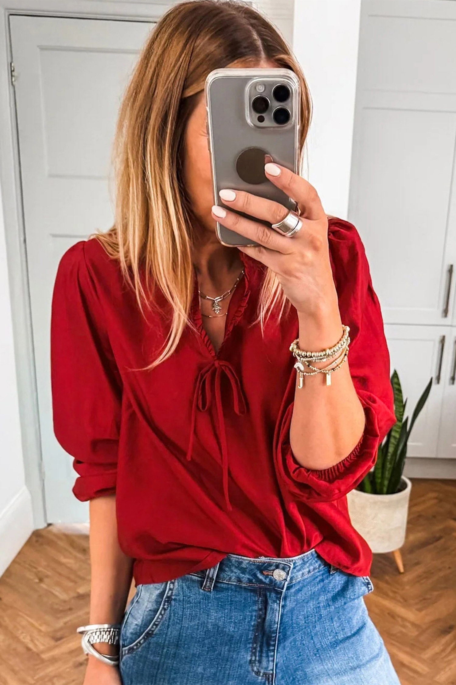 Fiery Red Solid Color Frilled V Neck Bow Detail 3/4 Sleeve Blouse view 14