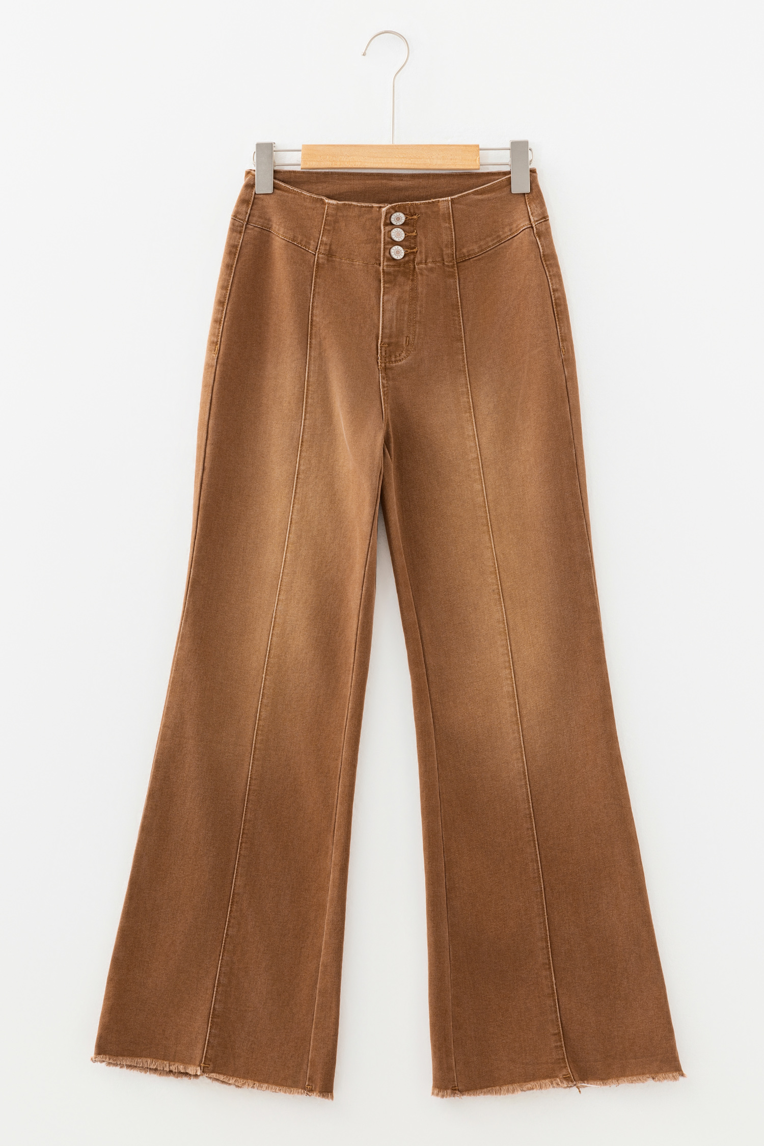 Coffee High Waist Button Fly Seamed Raw Hem Flare Jeans view 3