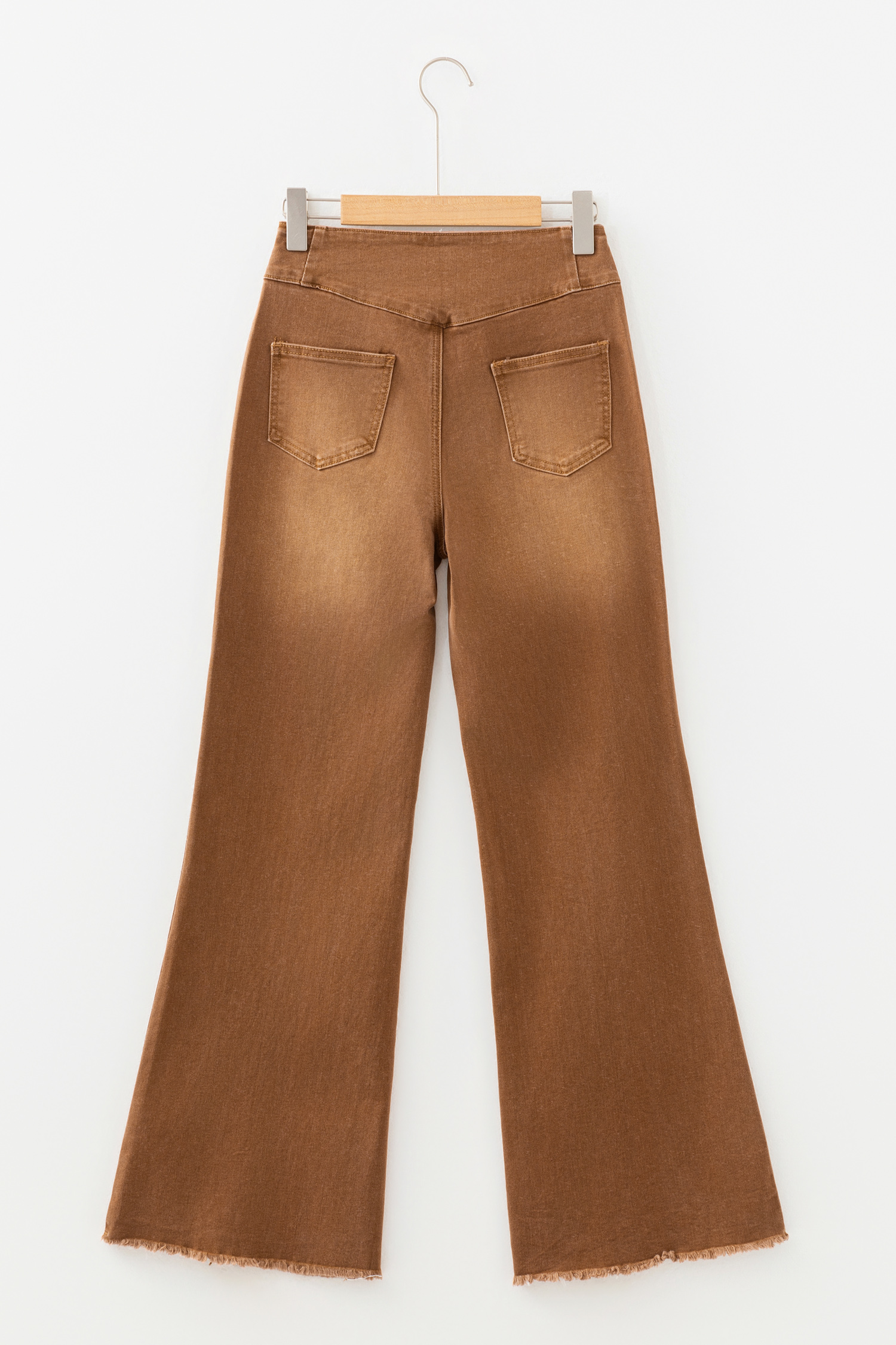 Coffee High Waist Button Fly Seamed Raw Hem Flare Jeans view 4