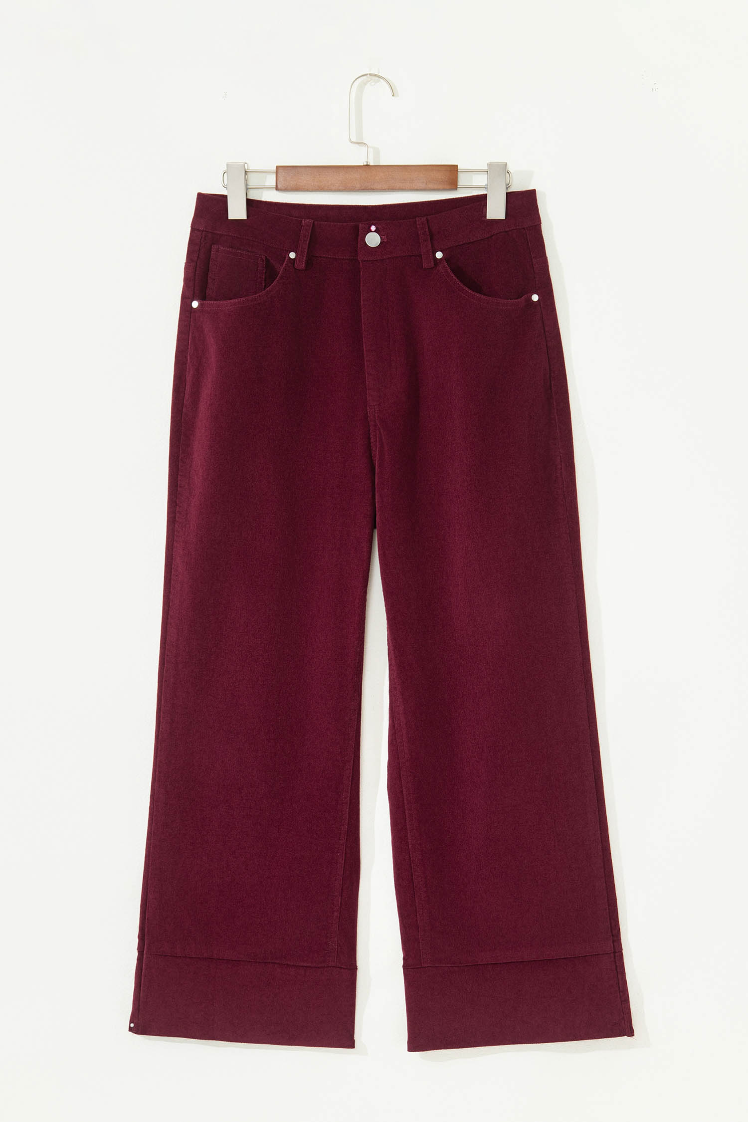 Burgundy Corduroy Solid Color High Waist Wide Leg Pants view 6