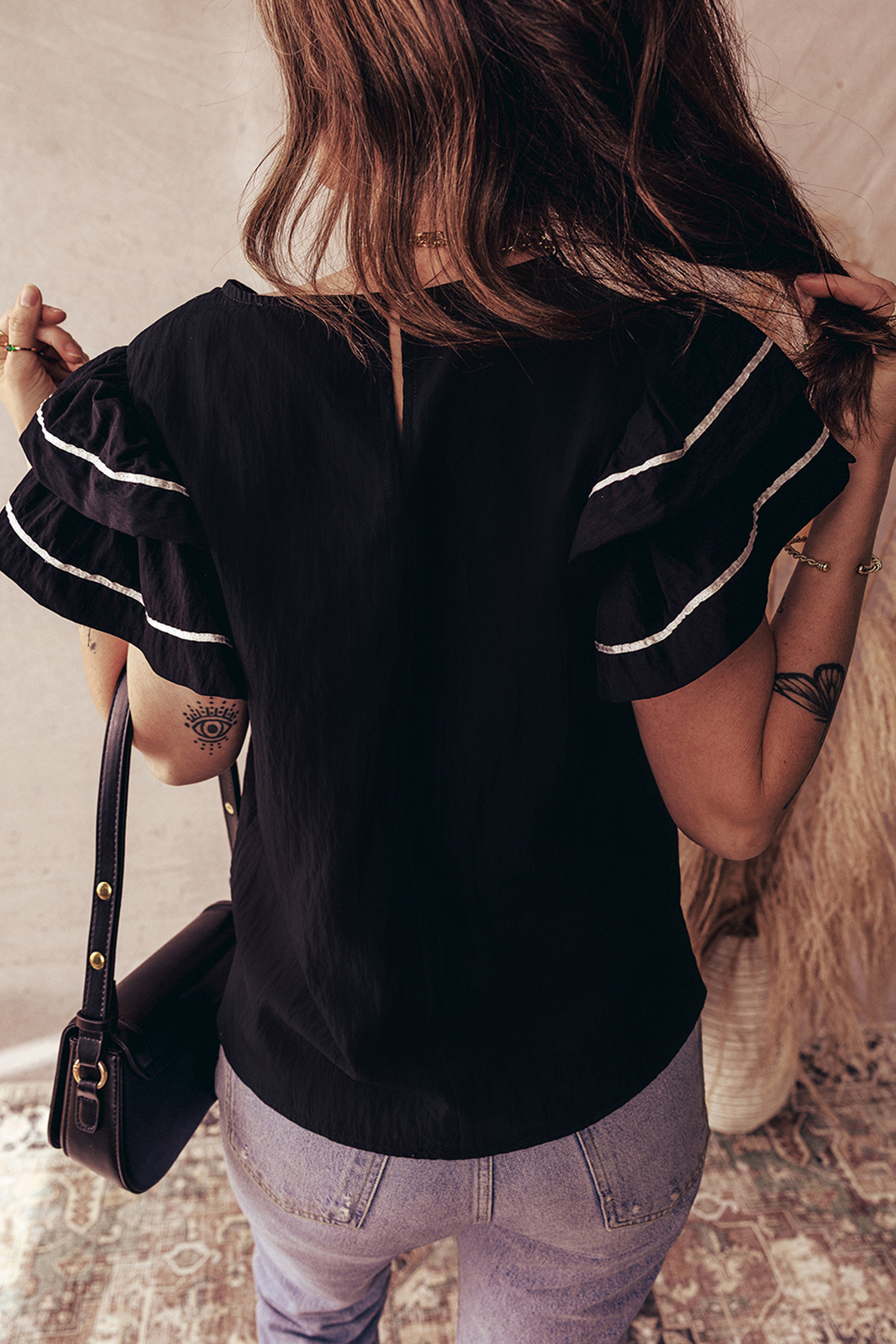 Black Contrast Trim Dual Ruffle Short Sleeve Textured Blouse view 7