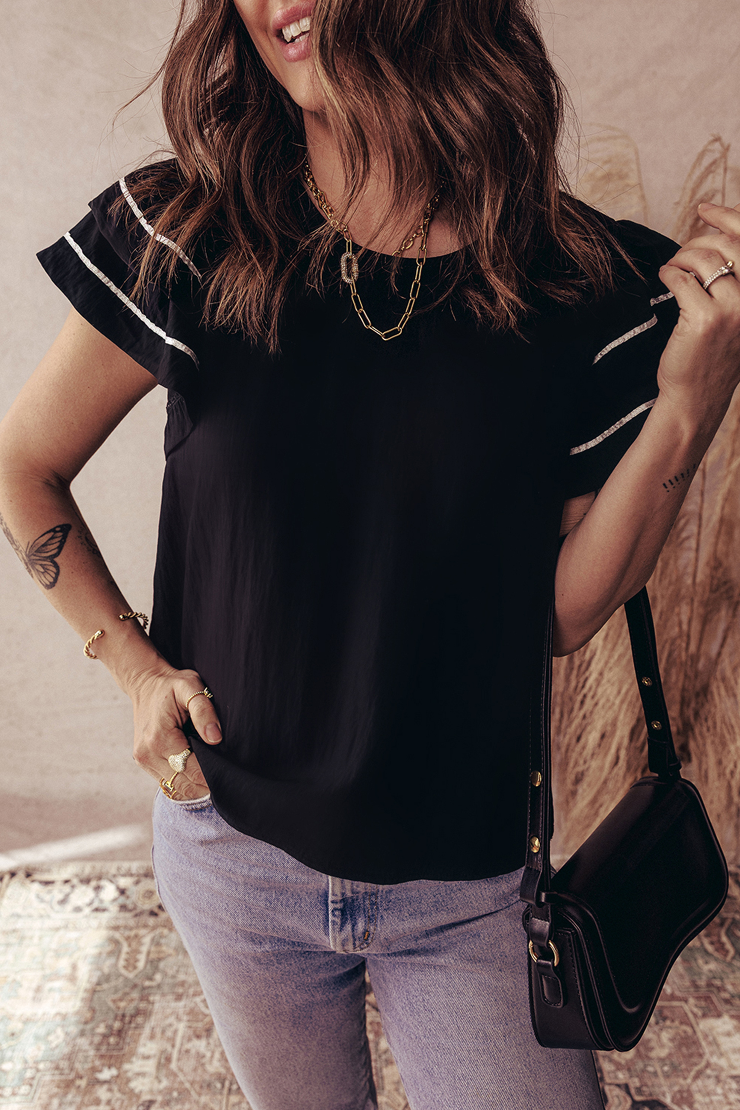 Black Contrast Trim Dual Ruffle Short Sleeve Textured Blouse view 5