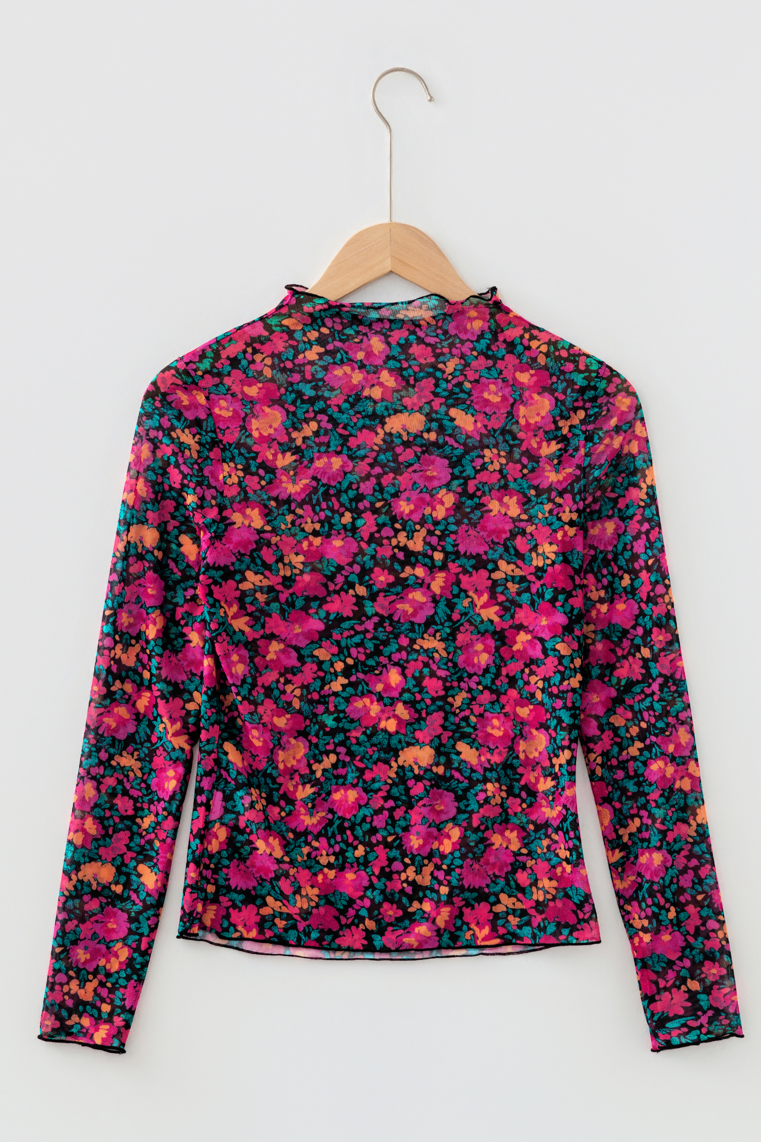 Rose Floral Print Slim Fit Mesh Long Sleeve Mock Neck Top view 14