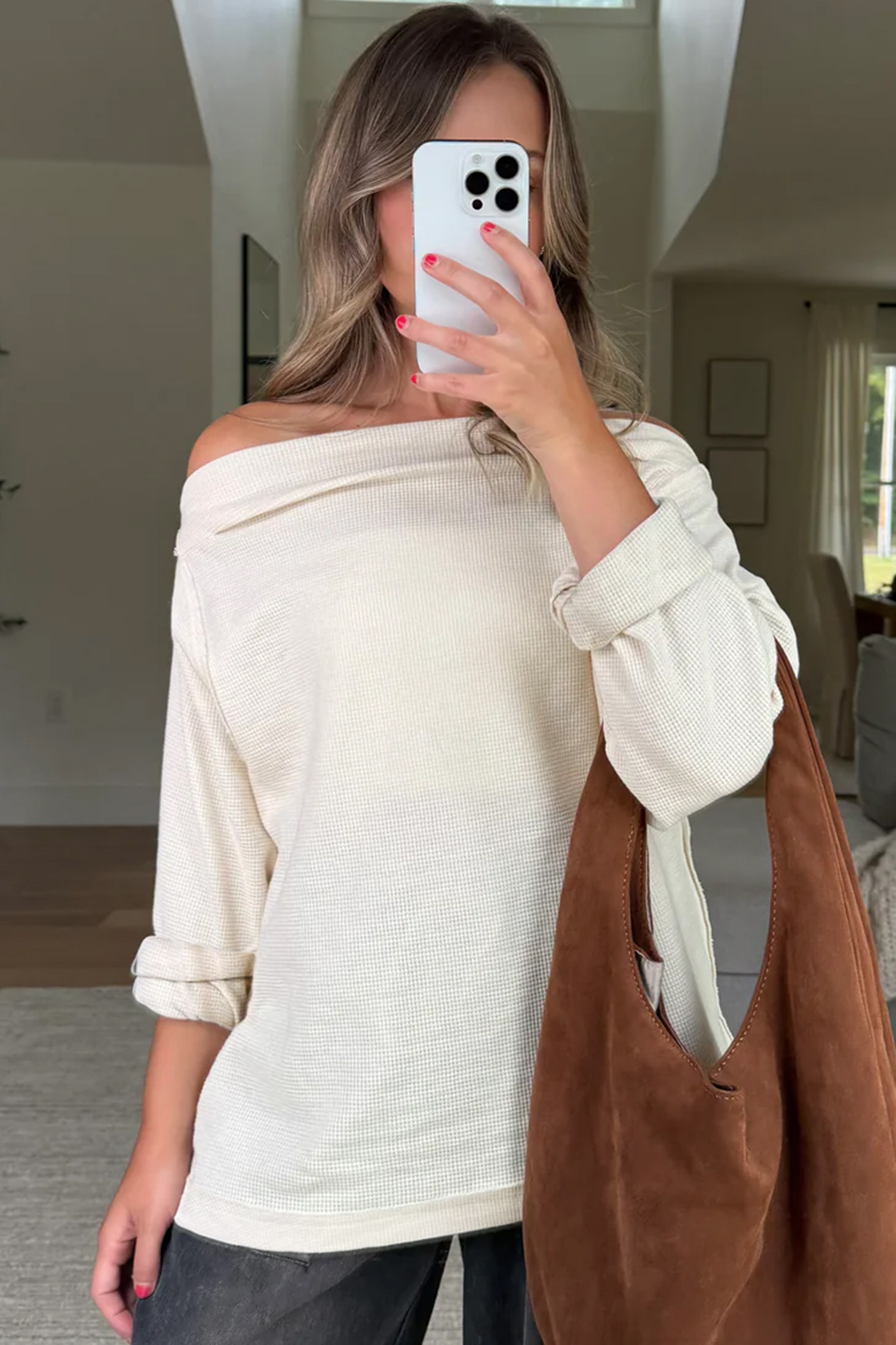 Beige Solid Color Waffle Knit Asymmetric Neck Long Sleeve Top view 3