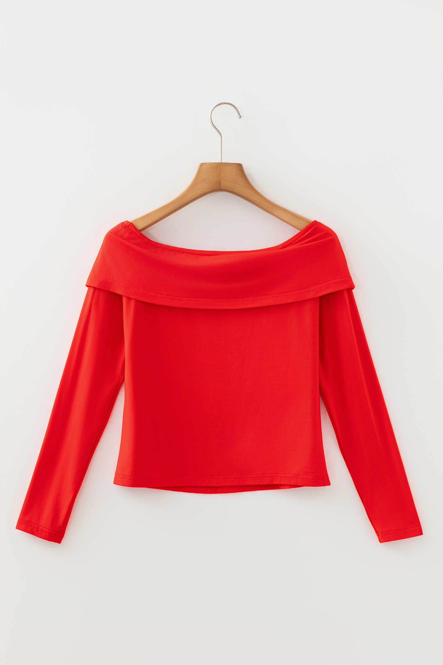 Fiery Red Foldover Off Shoulder Long Sleeve Slim Top view 15