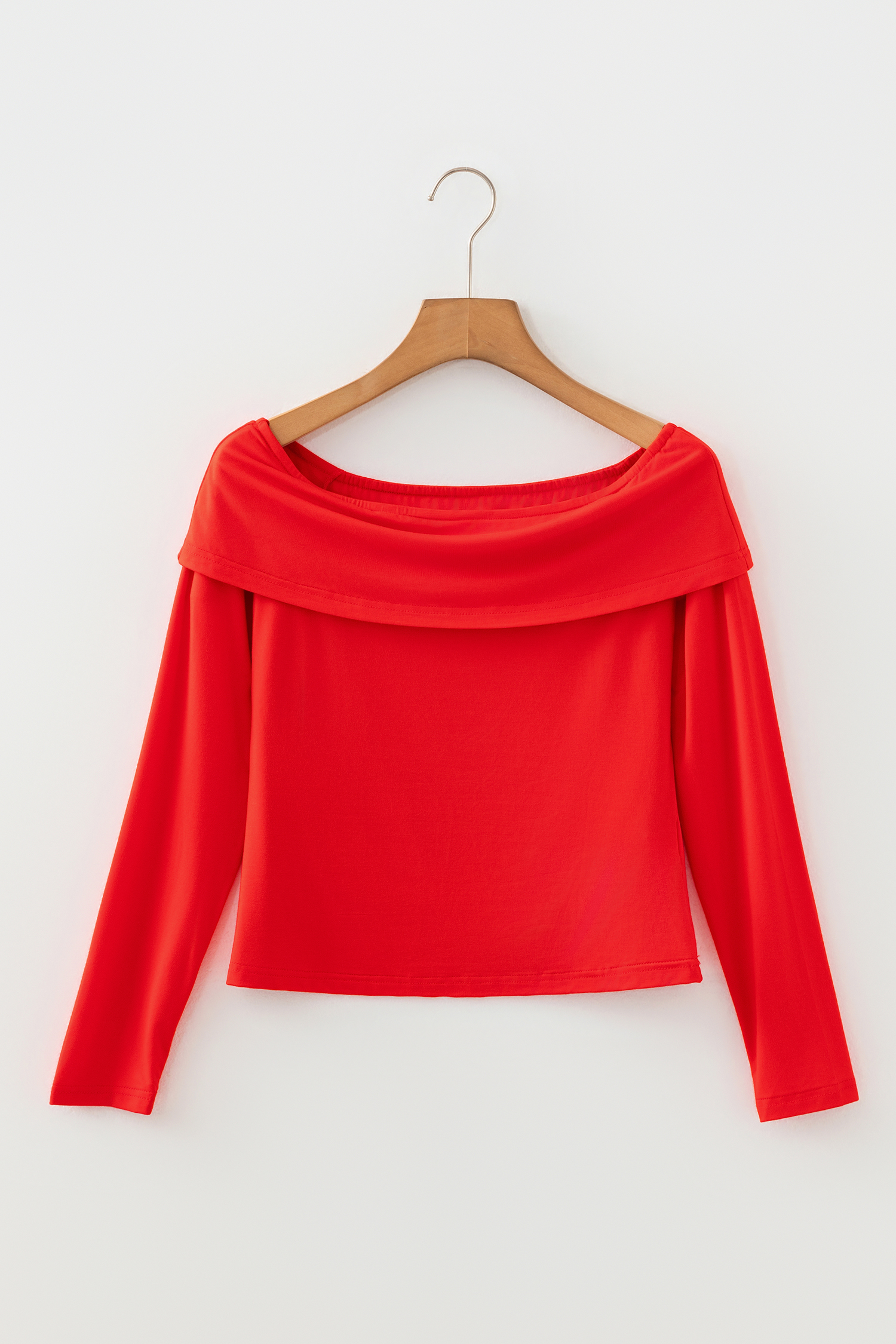 Fiery Red Foldover Off Shoulder Long Sleeve Slim Top view 14