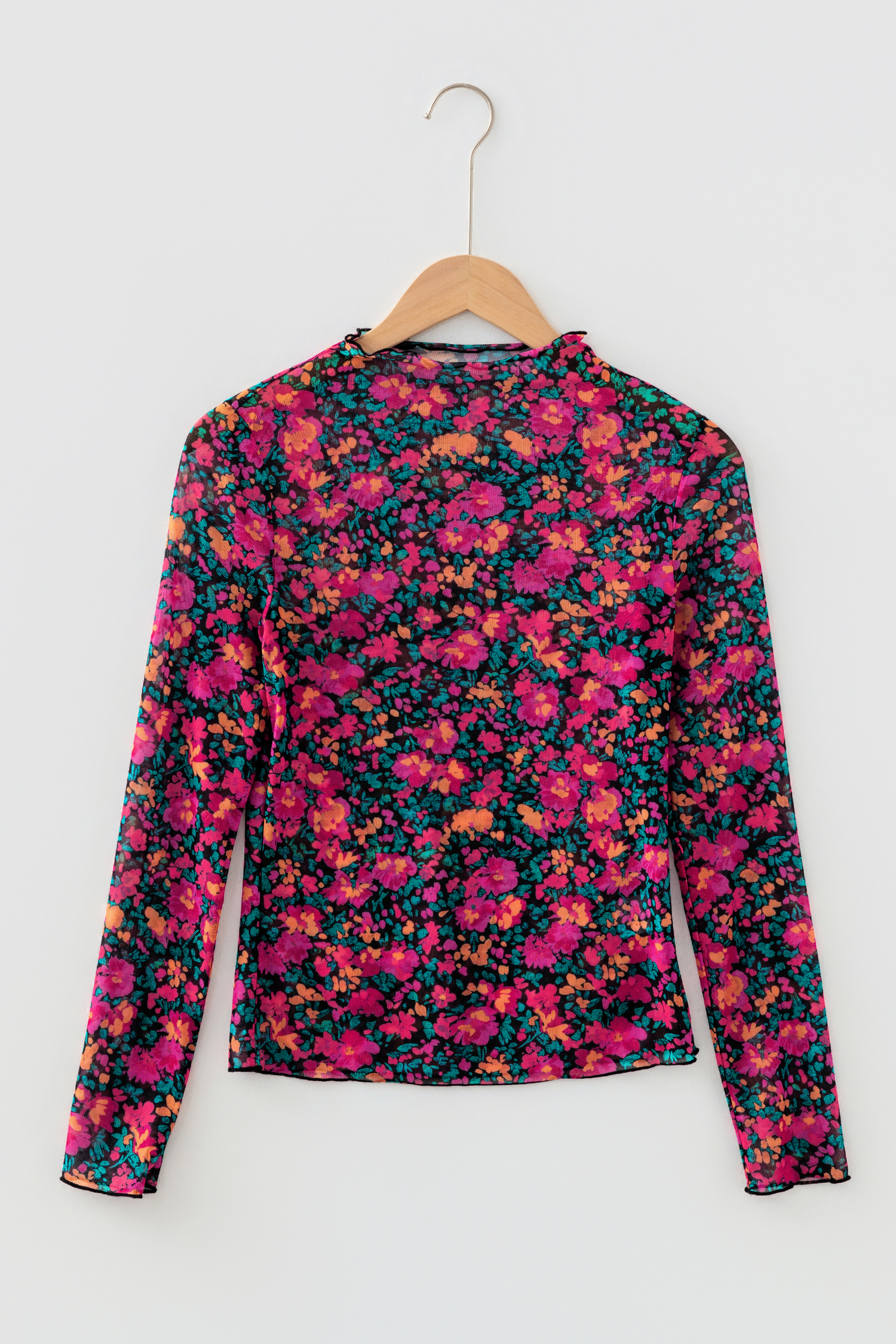 Rose Floral Print Slim Fit Mesh Long Sleeve Mock Neck Top view 13