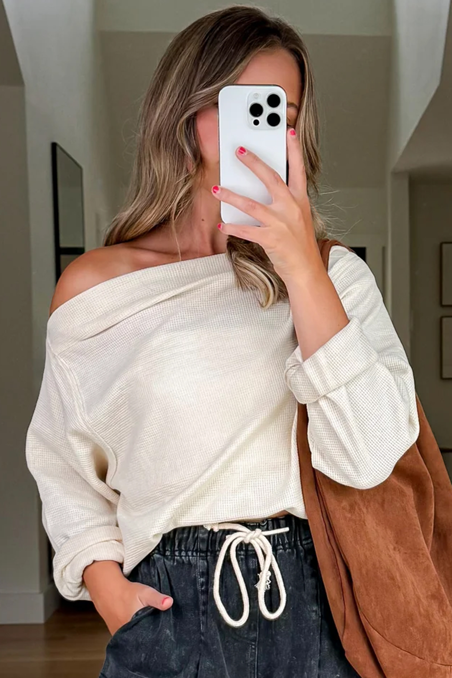 Beige Solid Color Waffle Knit Asymmetric Neck Long Sleeve Top view 5