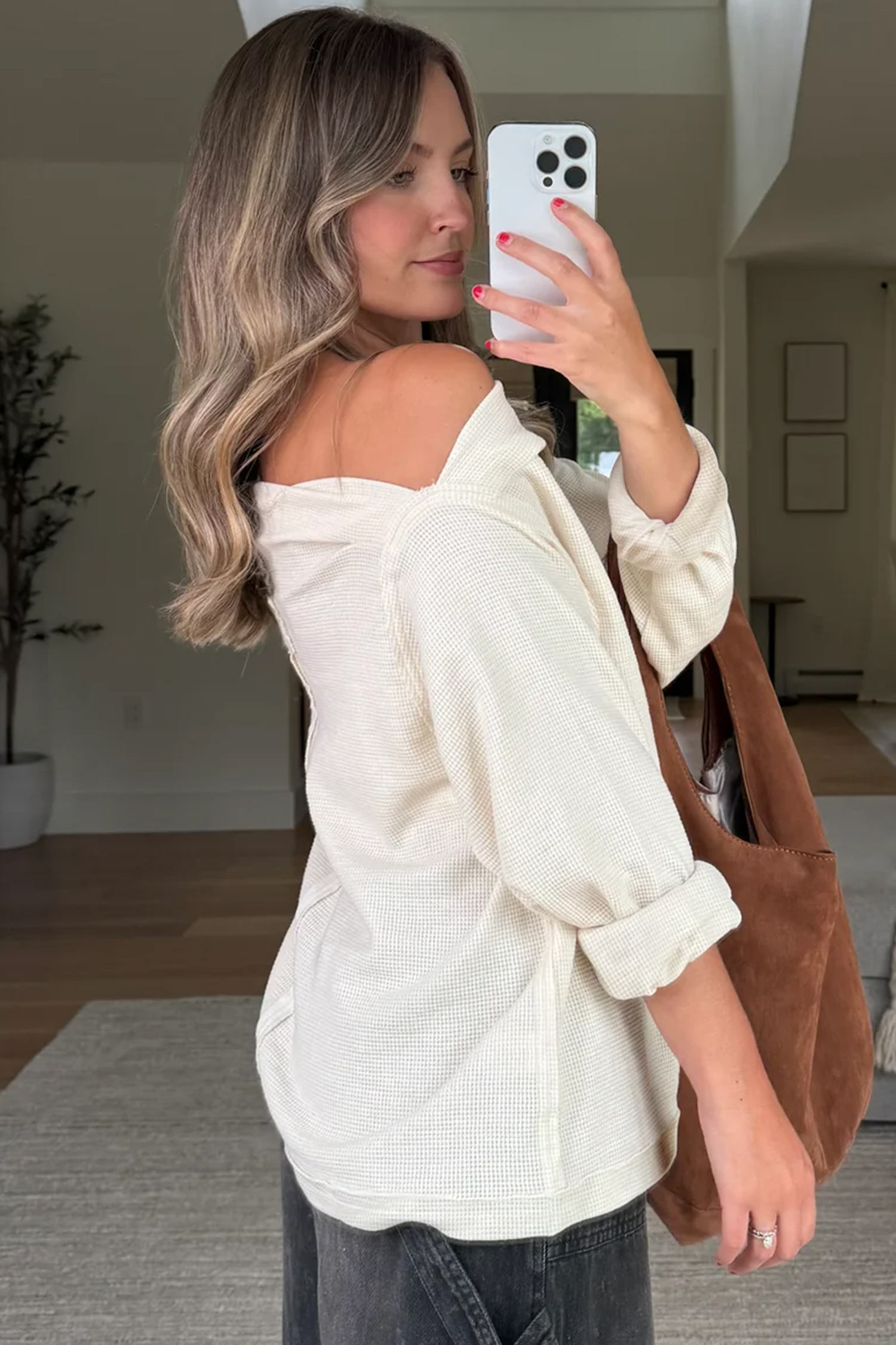 Beige Solid Color Waffle Knit Asymmetric Neck Long Sleeve Top view 2