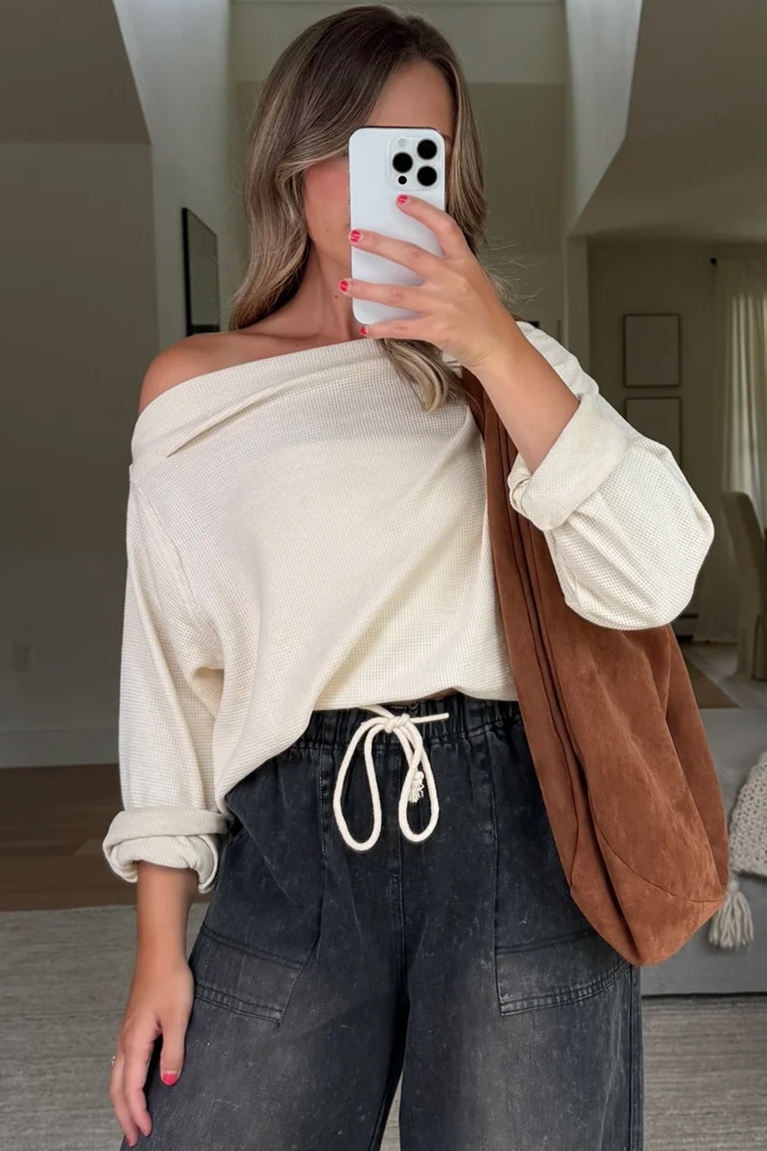 Beige Solid Color Waffle Knit Asymmetric Neck Long Sleeve Top view 4