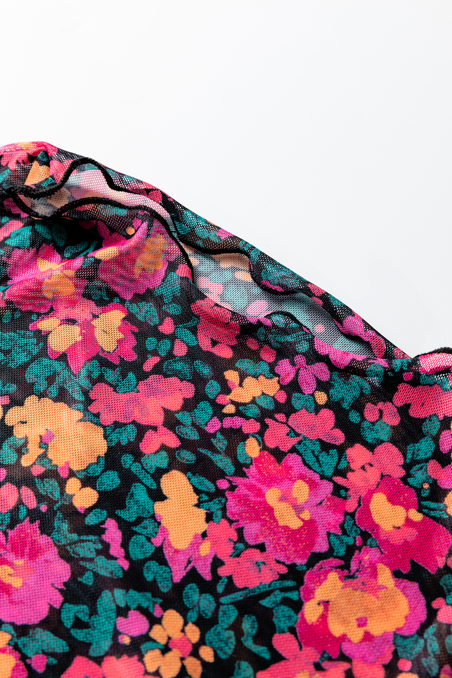 Rose Floral Print Slim Fit Mesh Long Sleeve Mock Neck Top view 15