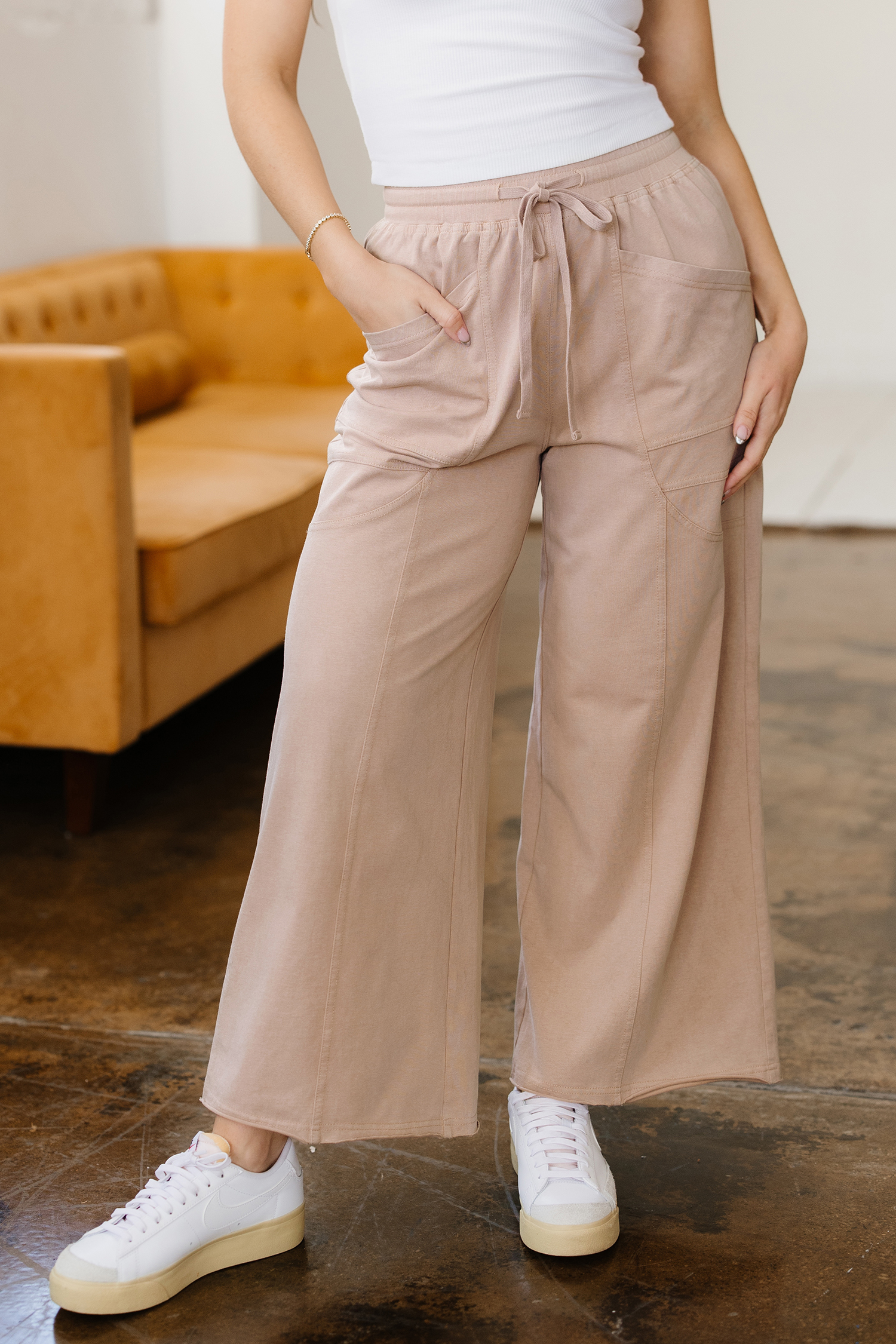 Smoke Gray Solid Color Mineral Wash Piping Trim Pocketed Wide Leg Pants view 6