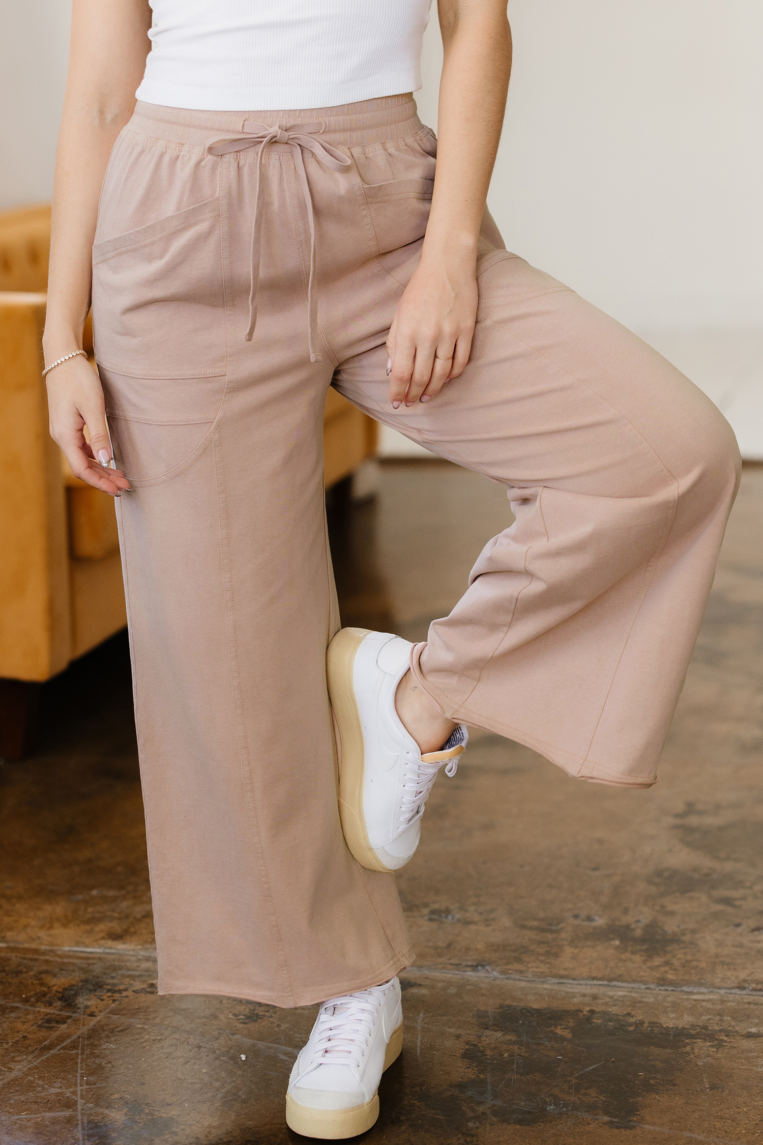 Smoke Gray Solid Color Mineral Wash Piping Trim Pocketed Wide Leg Pants view 4