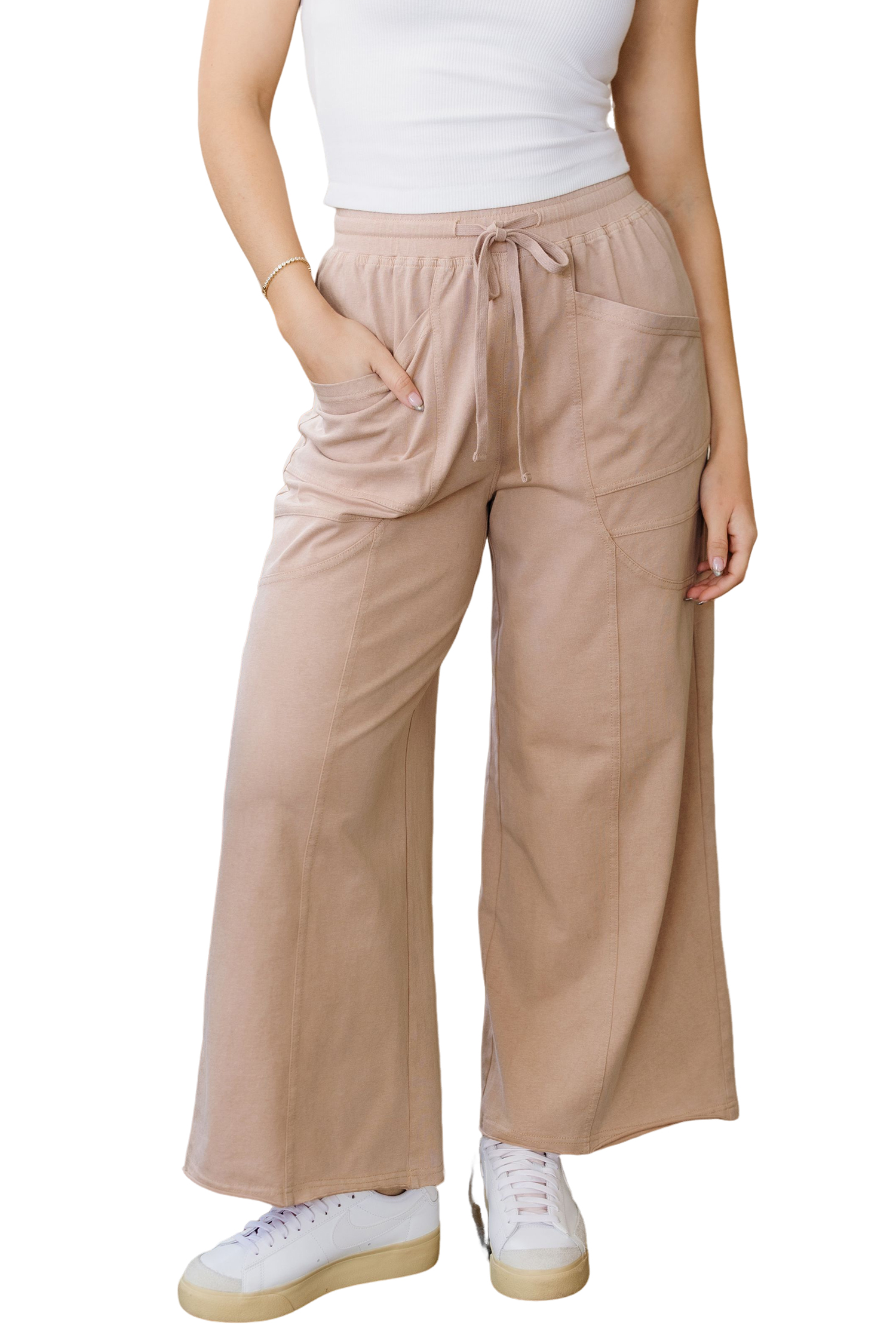 Smoke Gray Solid Color Mineral Wash Piping Trim Pocketed Wide Leg Pants view 15