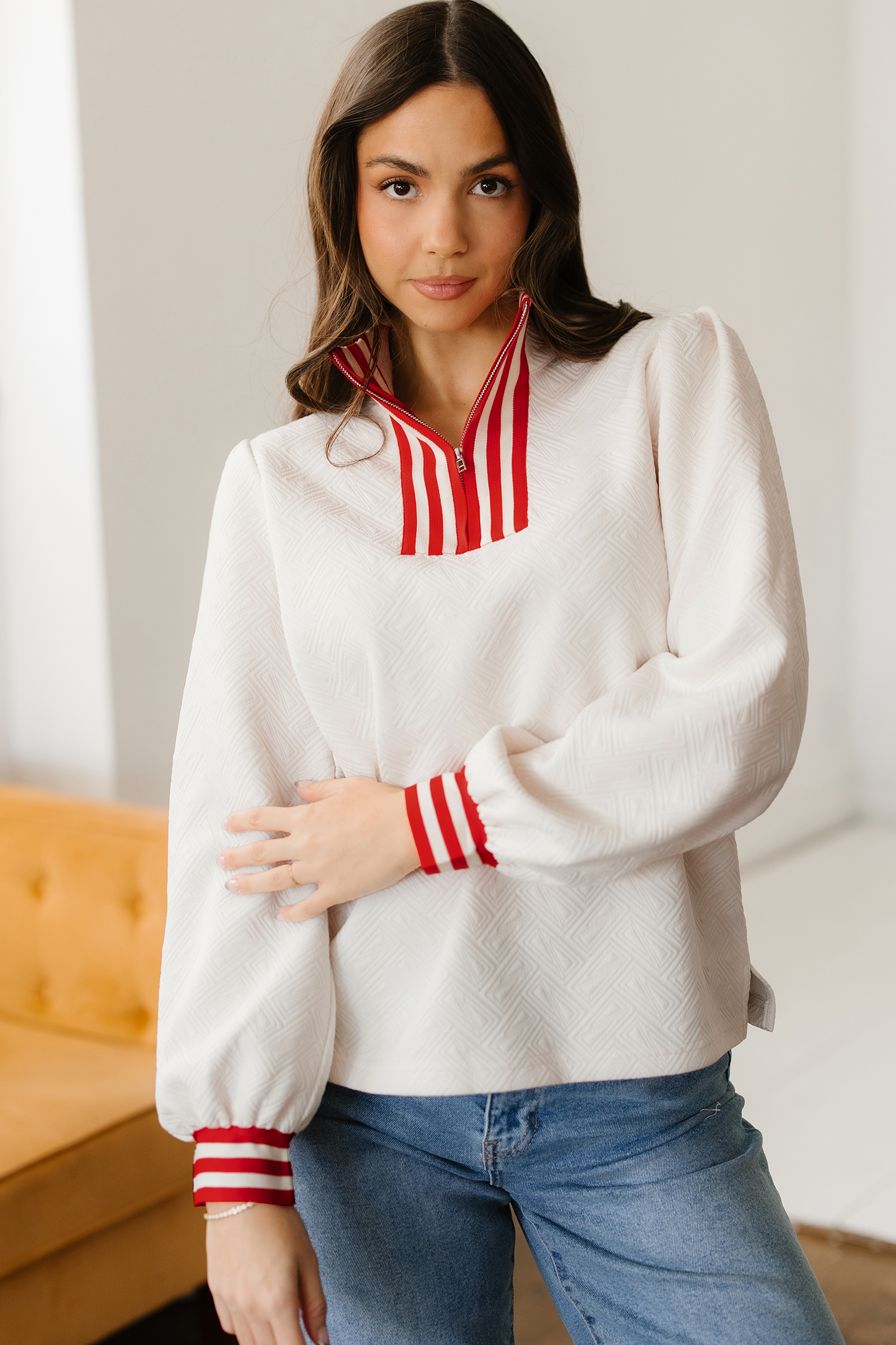 White Textured Knit Contrast Striped Accent Zipped Collar Pullover Top view 5