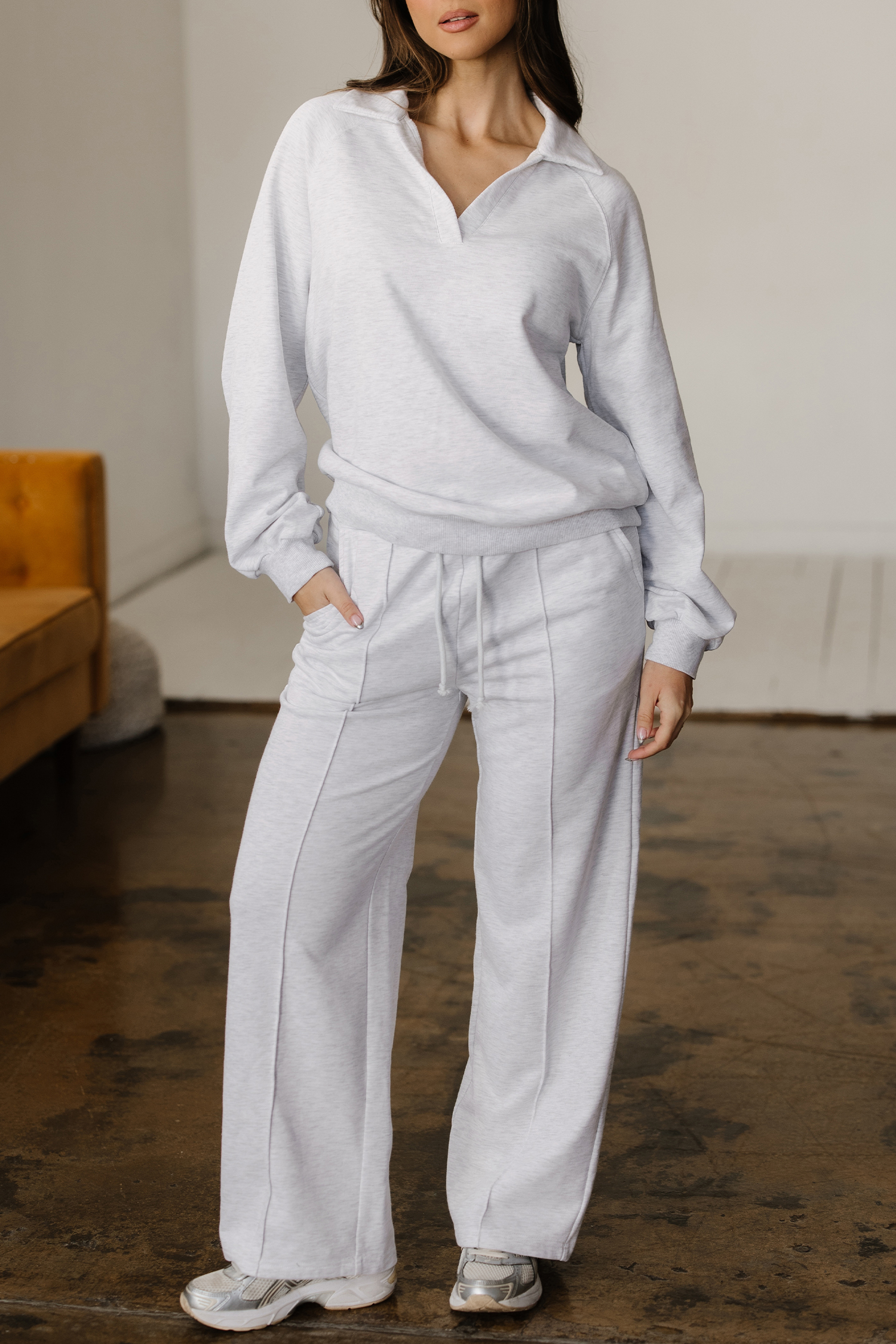 Light Grey Polo Collar V Neck Pullover and Drawstring Sweatpants Set view 7