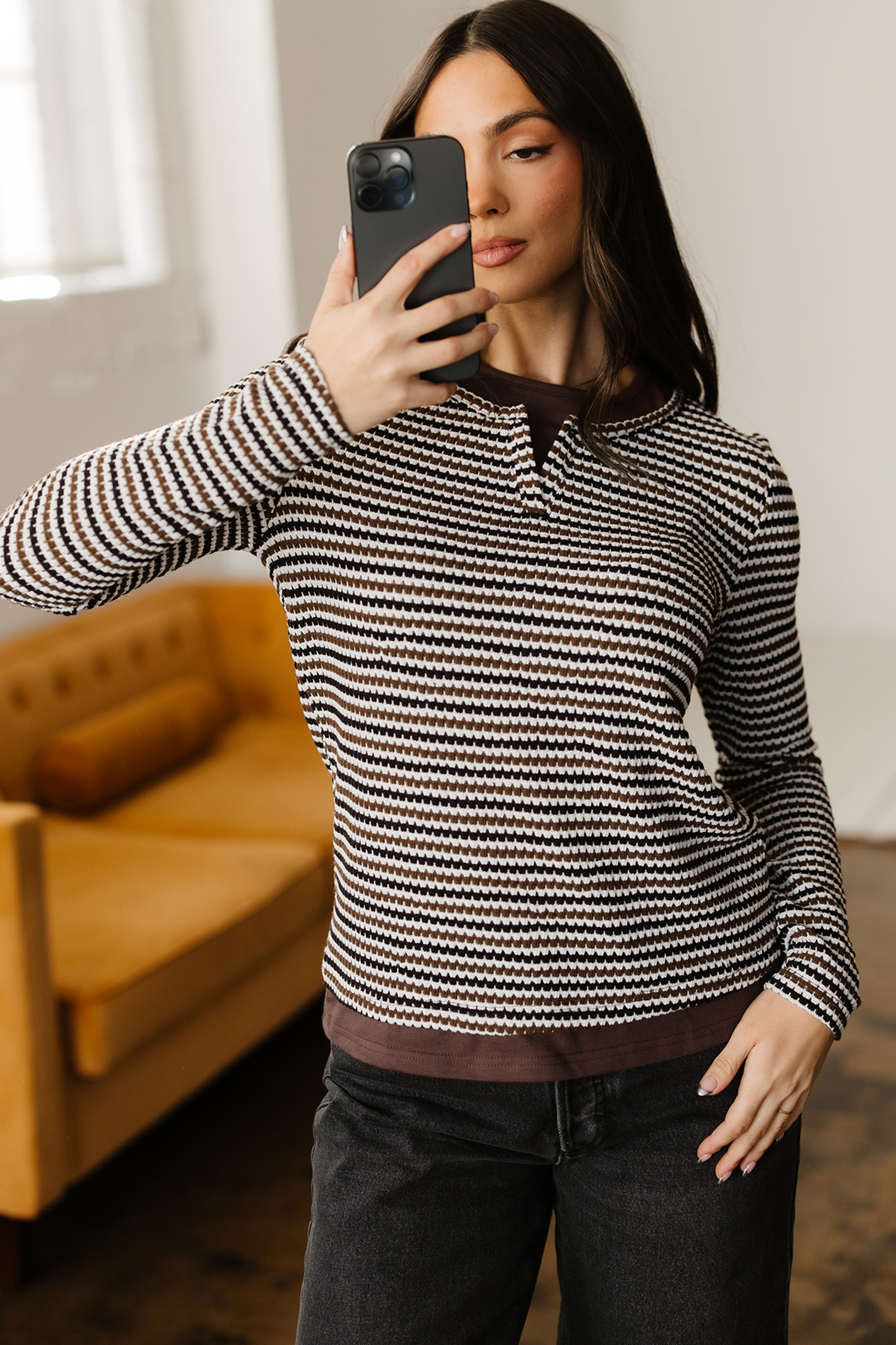Brown Faux Two Piece Textured Striped Round Neck Long Sleeve T Shirt view 6