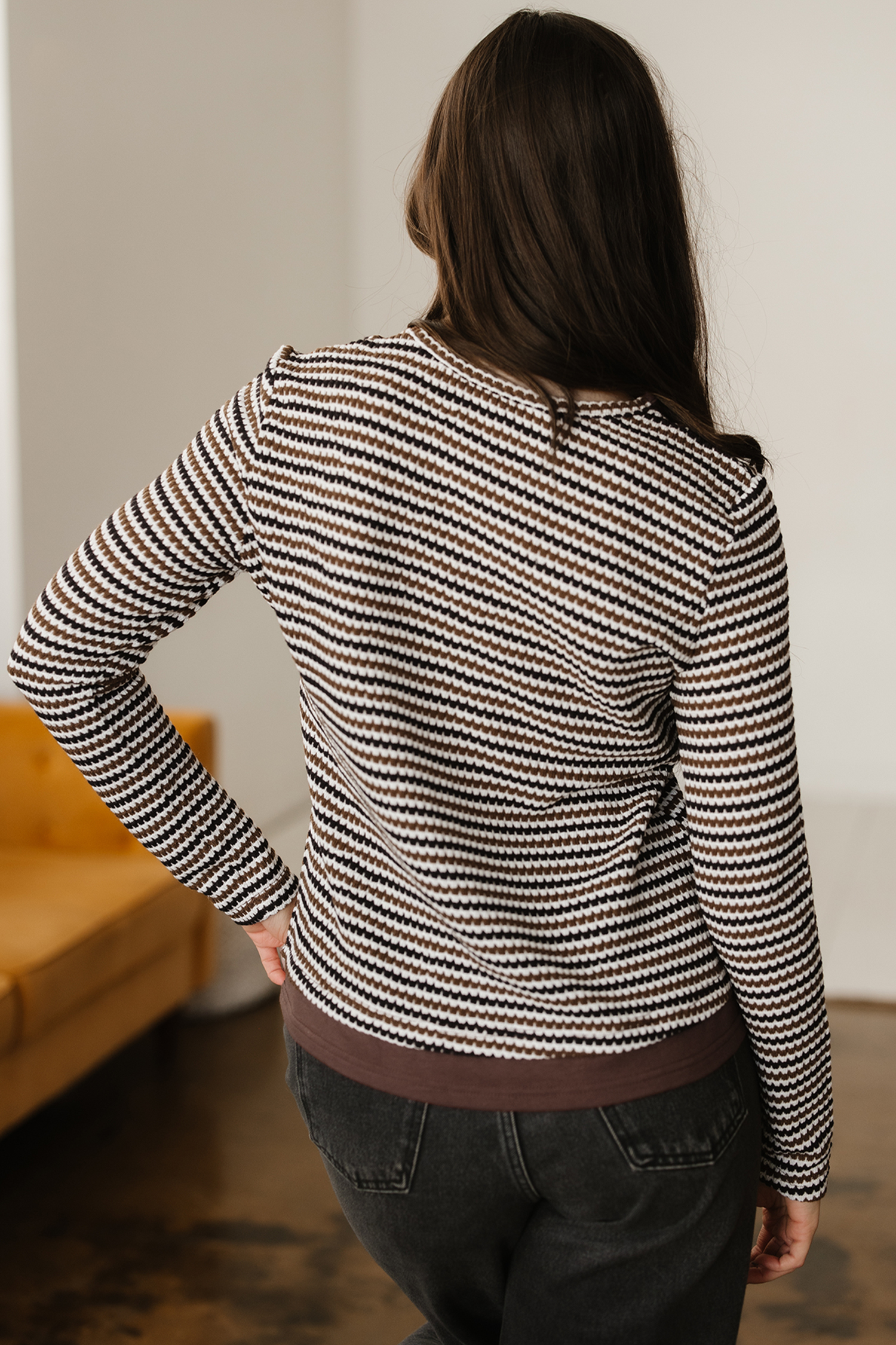 Brown Faux Two Piece Textured Striped Round Neck Long Sleeve T Shirt view 2