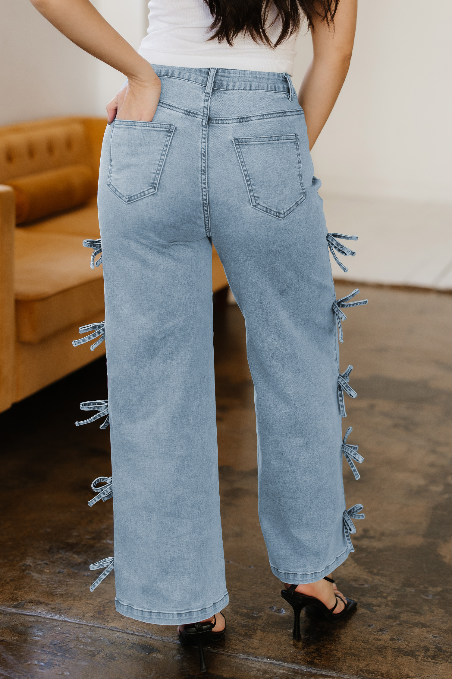 Beau Blue Bow Knot Side Detail Straight Leg Loose Jeans view 2