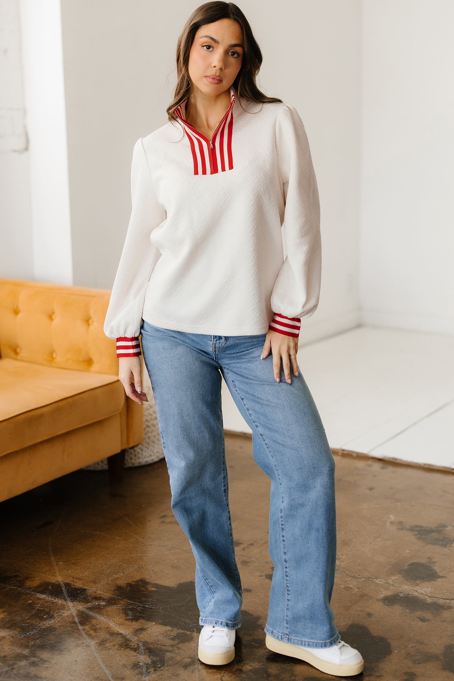 White Textured Knit Contrast Striped Accent Zipped Collar Pullover Top view 6