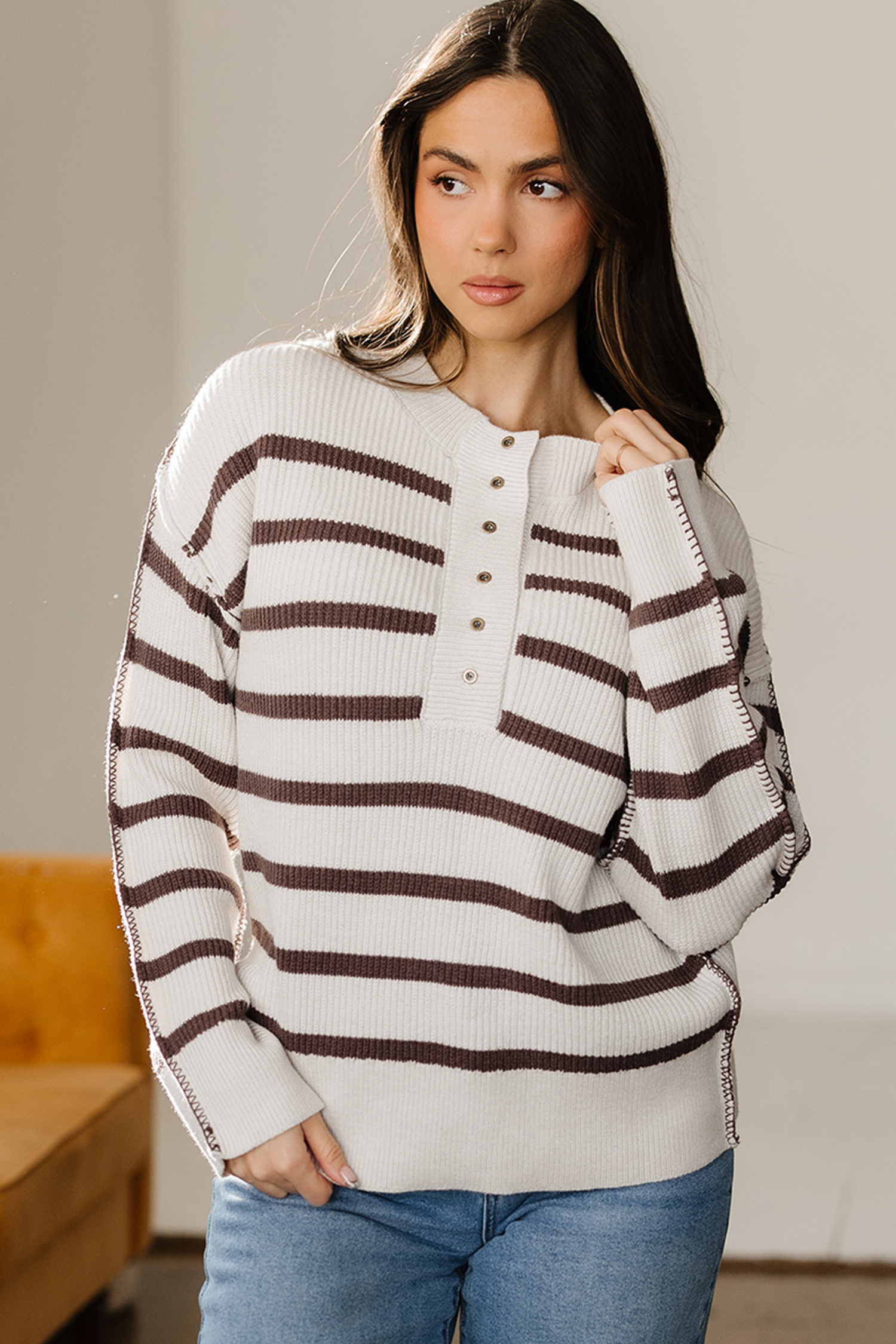 Brown Stripe Ribbed Henley Drop Shoulder Slouchy Sweater view 5