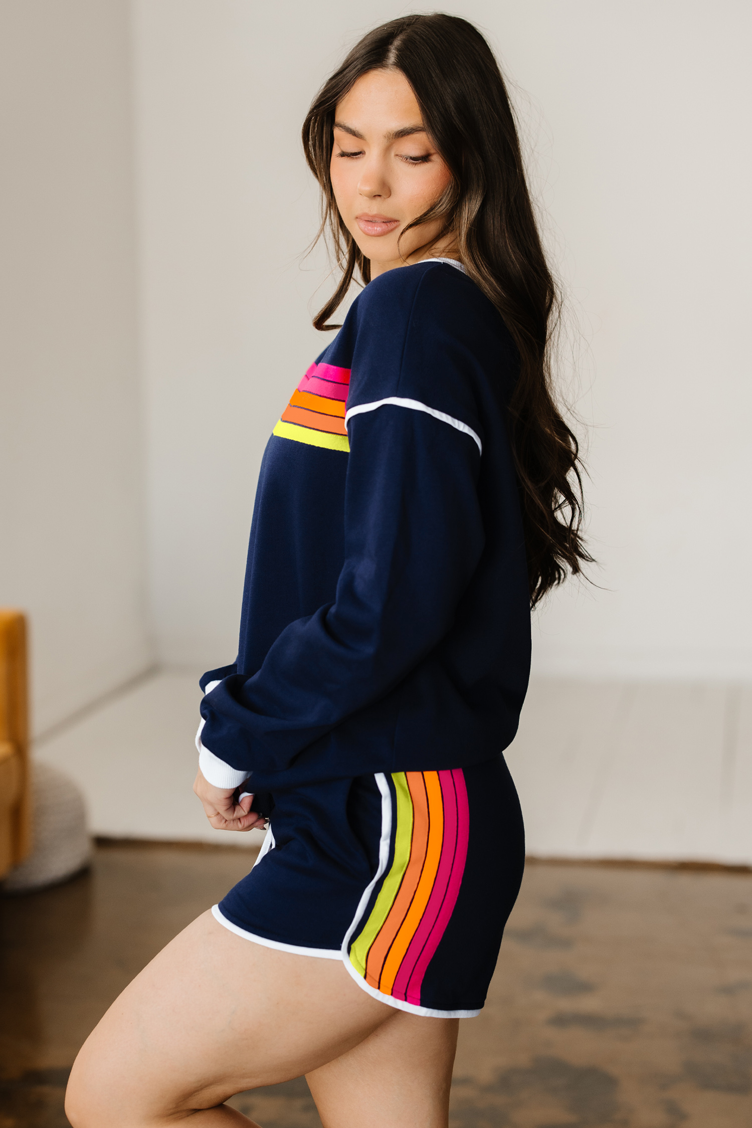 Bluing Colorful Striped Accent Varsity Long Sleeve Pullover and Shorts Matching Set view 3