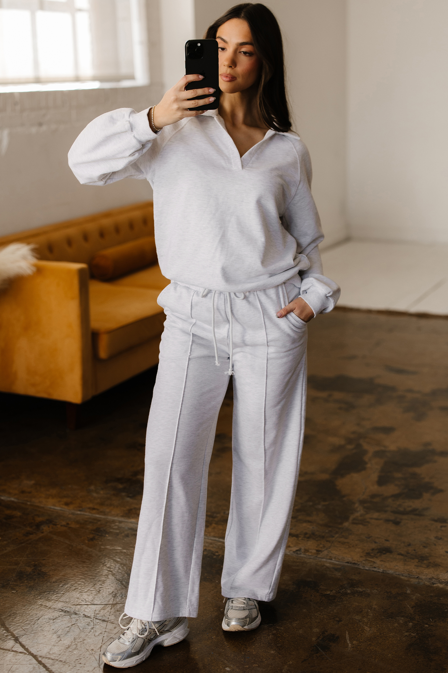 Light Grey Polo Collar V Neck Pullover and Drawstring Sweatpants Set view 6