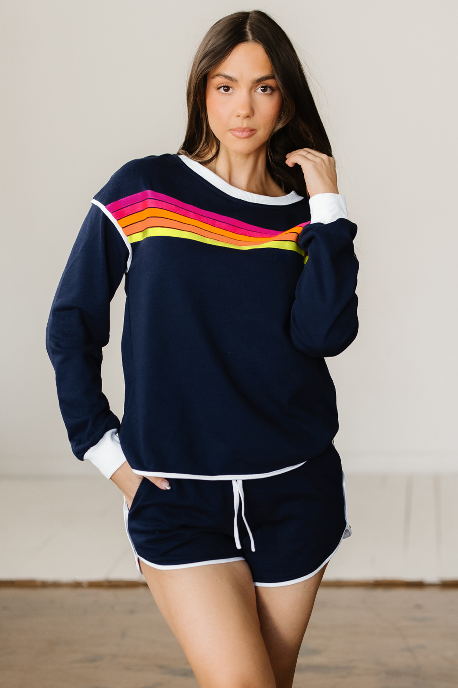 Bluing Colorful Striped Accent Varsity Long Sleeve Pullover and Shorts Matching Set view 4