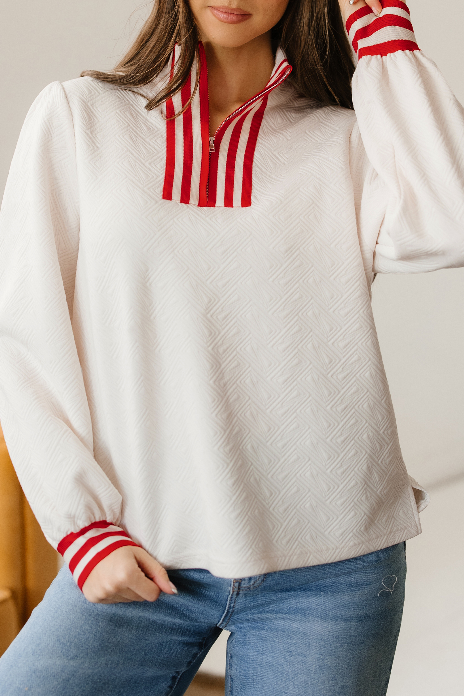 White Textured Knit Contrast Striped Accent Zipped Collar Pullover Top view 8