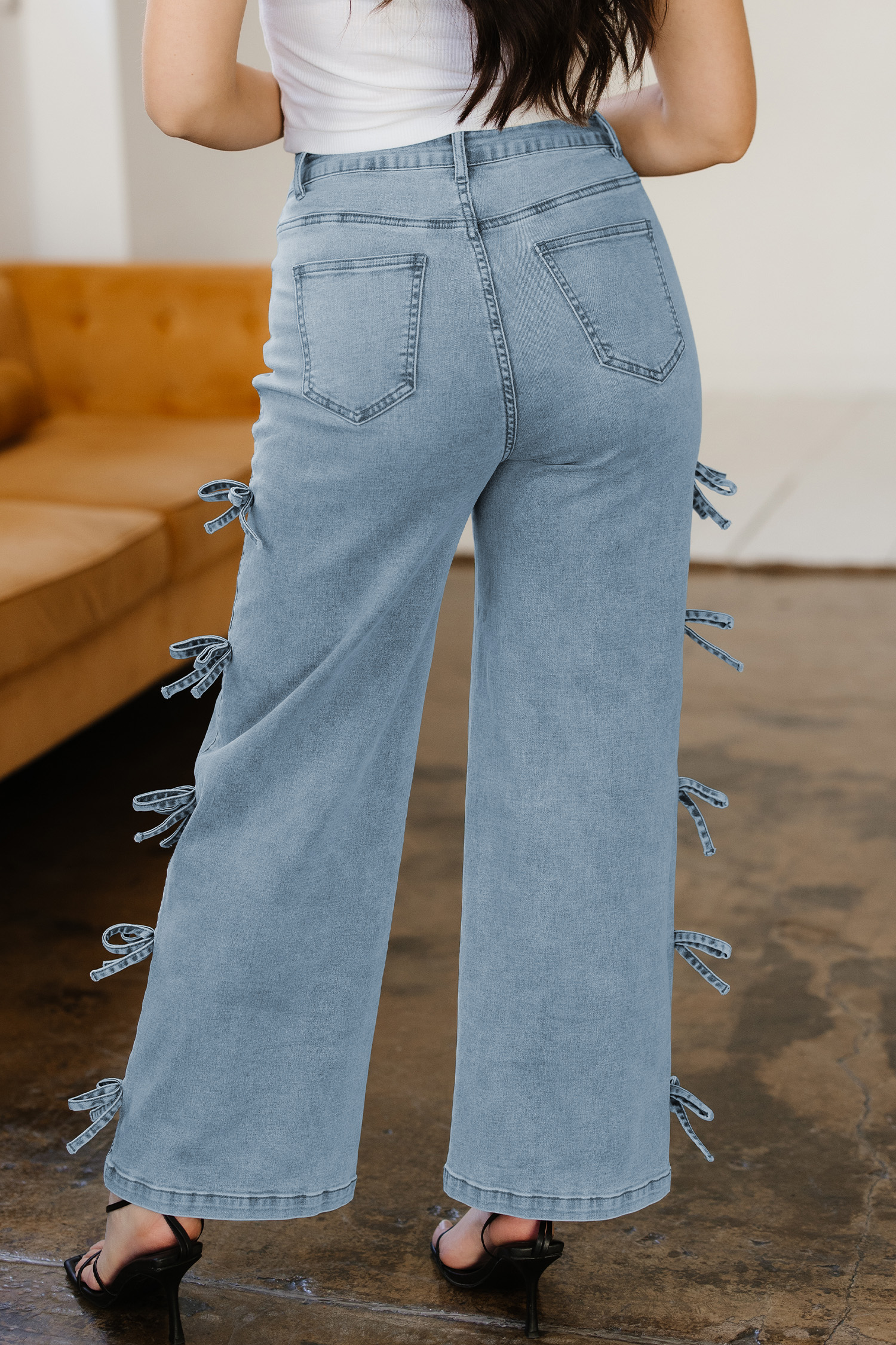 Beau Blue Bow Knot Side Detail Straight Leg Loose Jeans view 6