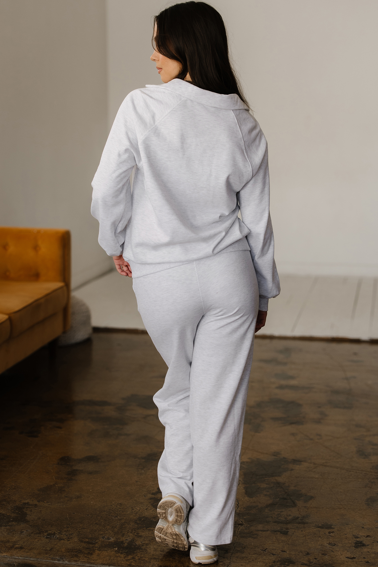 Light Grey Polo Collar V Neck Pullover and Drawstring Sweatpants Set view 2