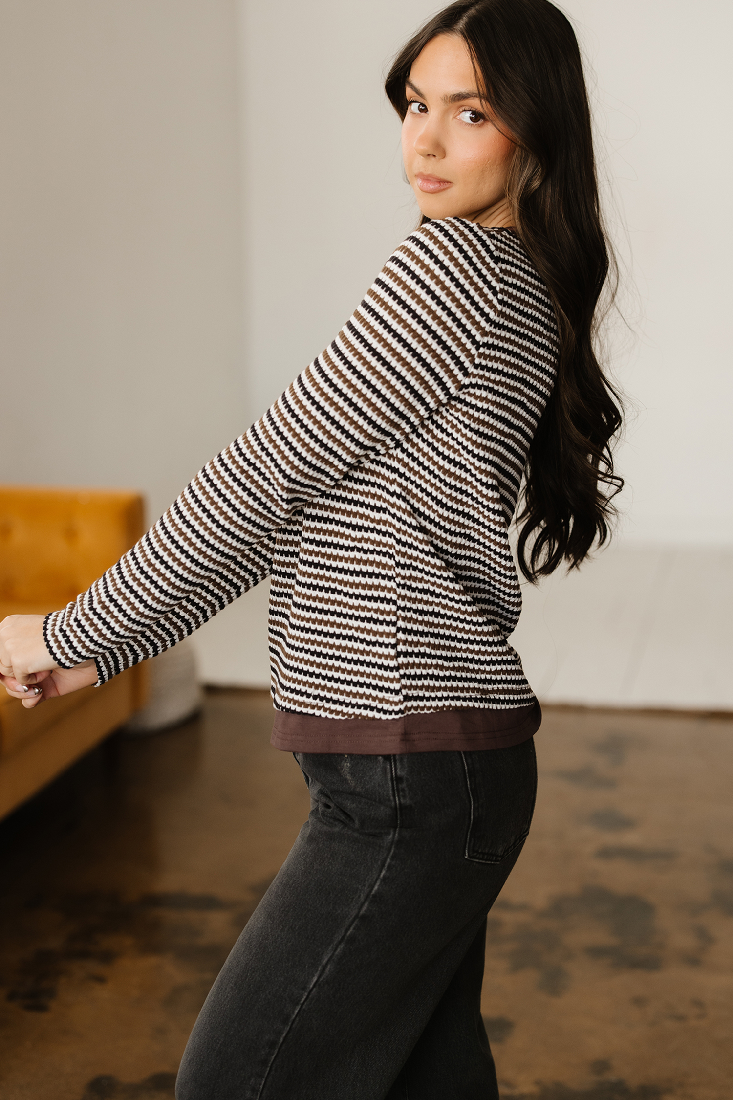 Brown Faux Two Piece Textured Striped Round Neck Long Sleeve T Shirt view 3