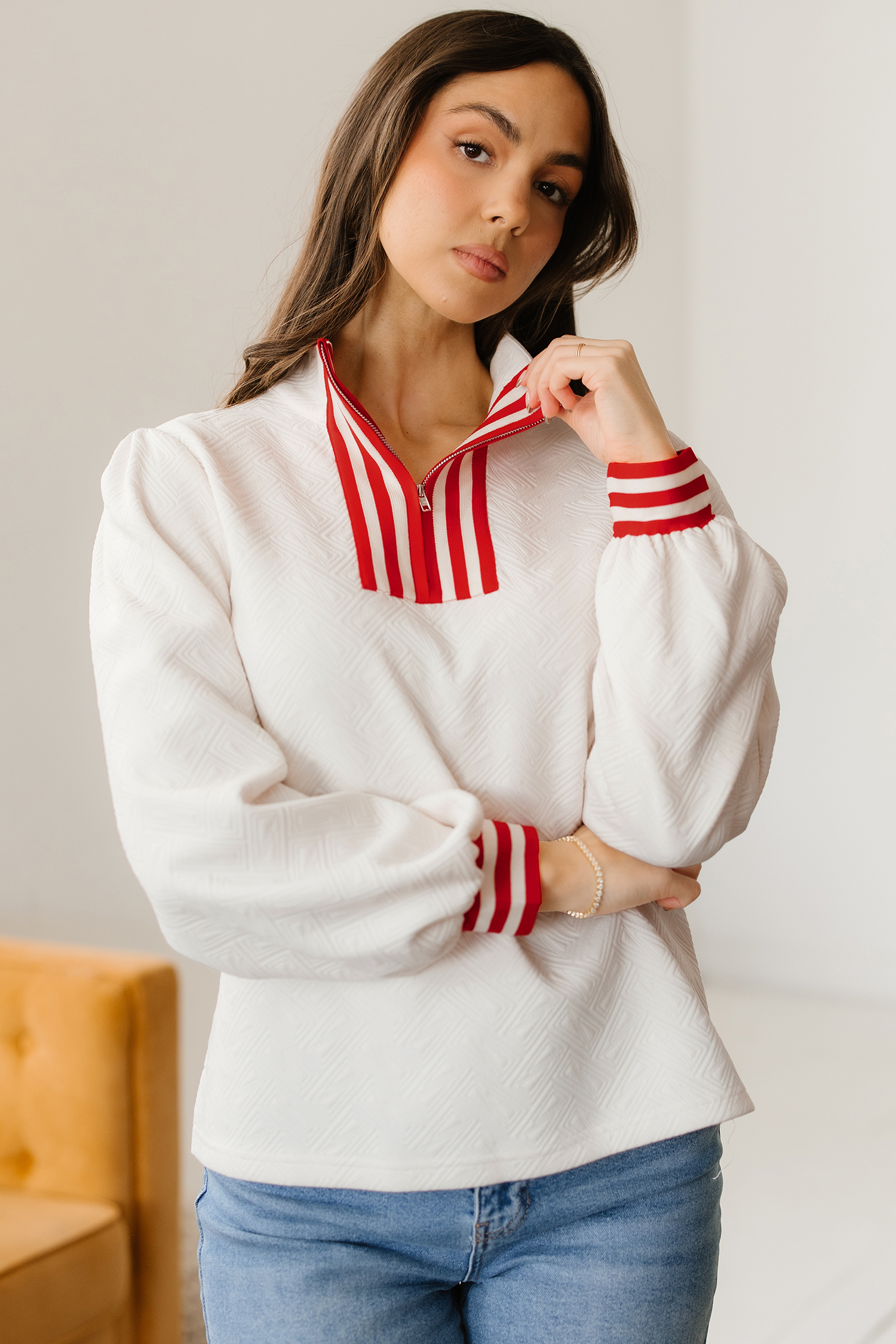 White Textured Knit Contrast Striped Accent Zipped Collar Pullover Top view 4