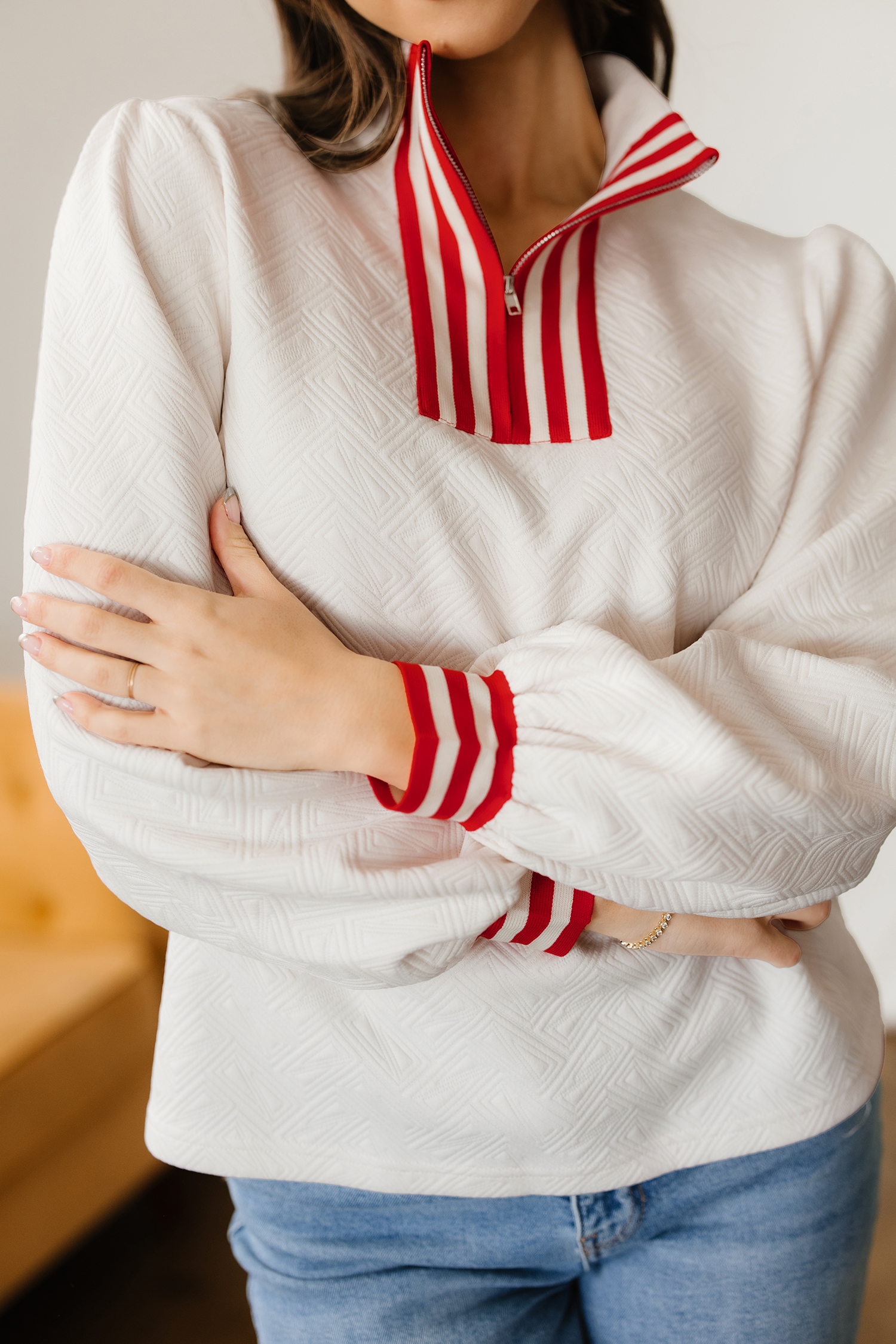 White Textured Knit Contrast Striped Accent Zipped Collar Pullover Top view 7