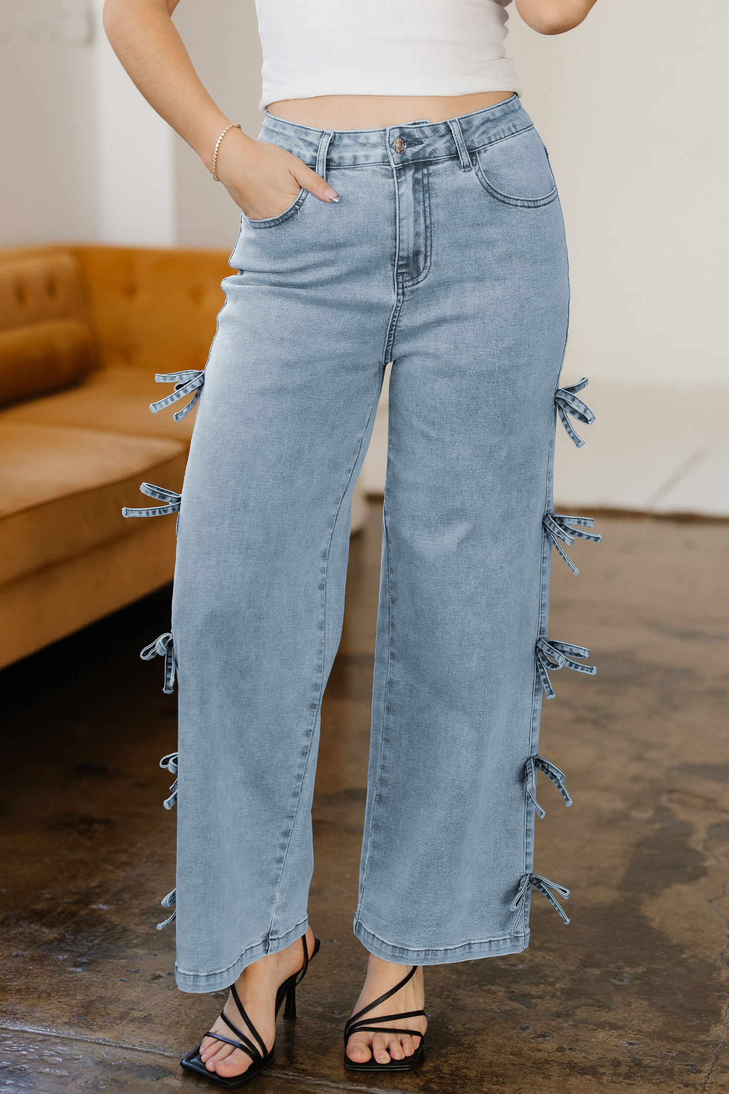Beau Blue Bow Knot Side Detail Straight Leg Loose Jeans view 4