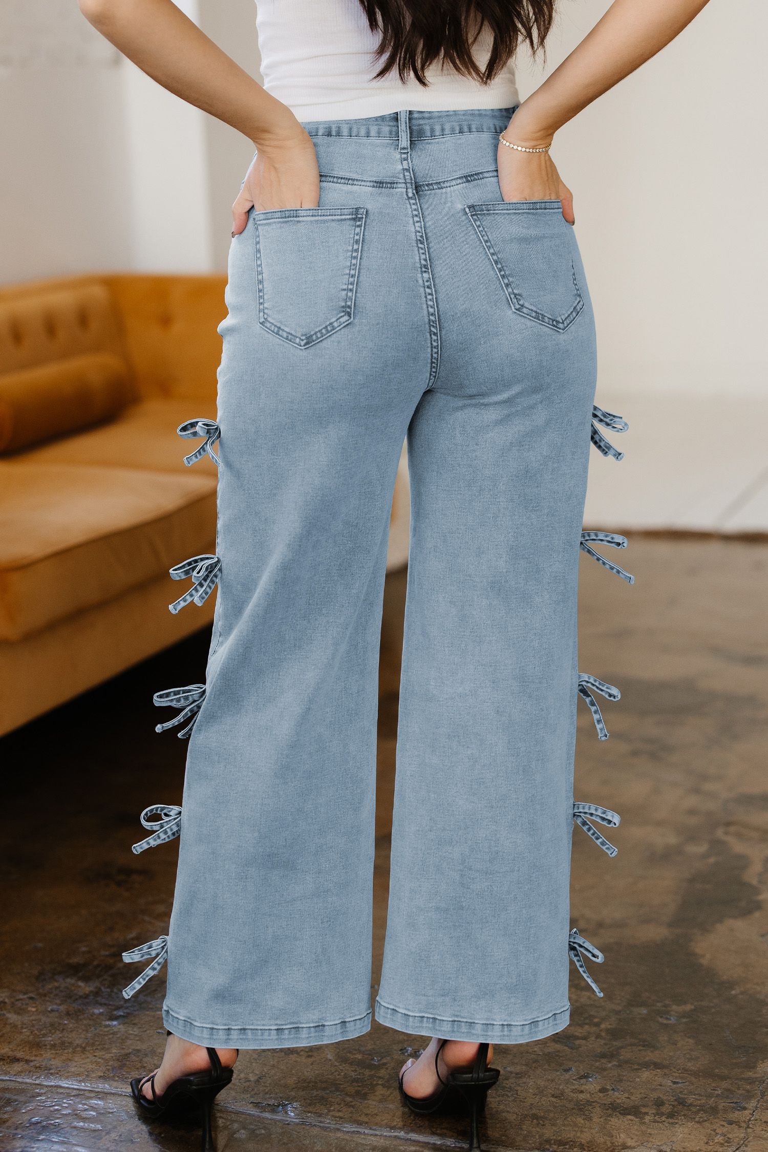 Beau Blue Bow Knot Side Detail Straight Leg Loose Jeans view 5