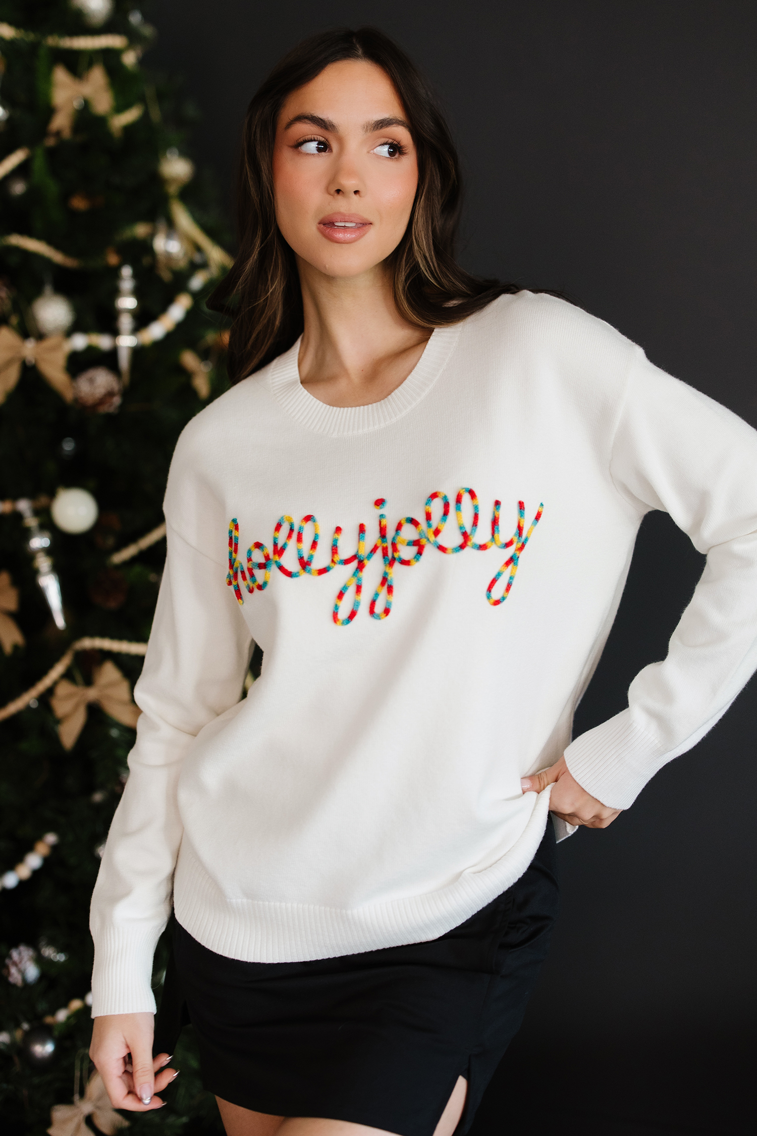 Beige Colorful Holly Jolly Christmas Knit Loose Sweater view 6