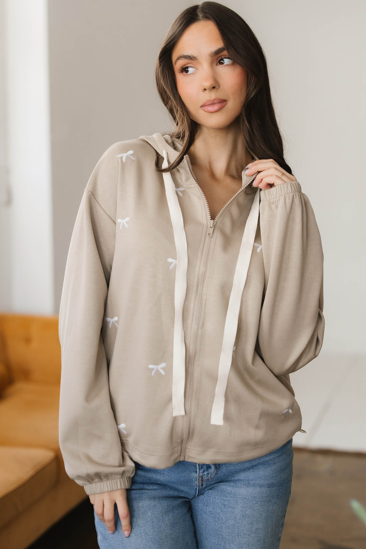 Goat Contrast Bow Embroidered Zip Up Jacket Hoodie view 5