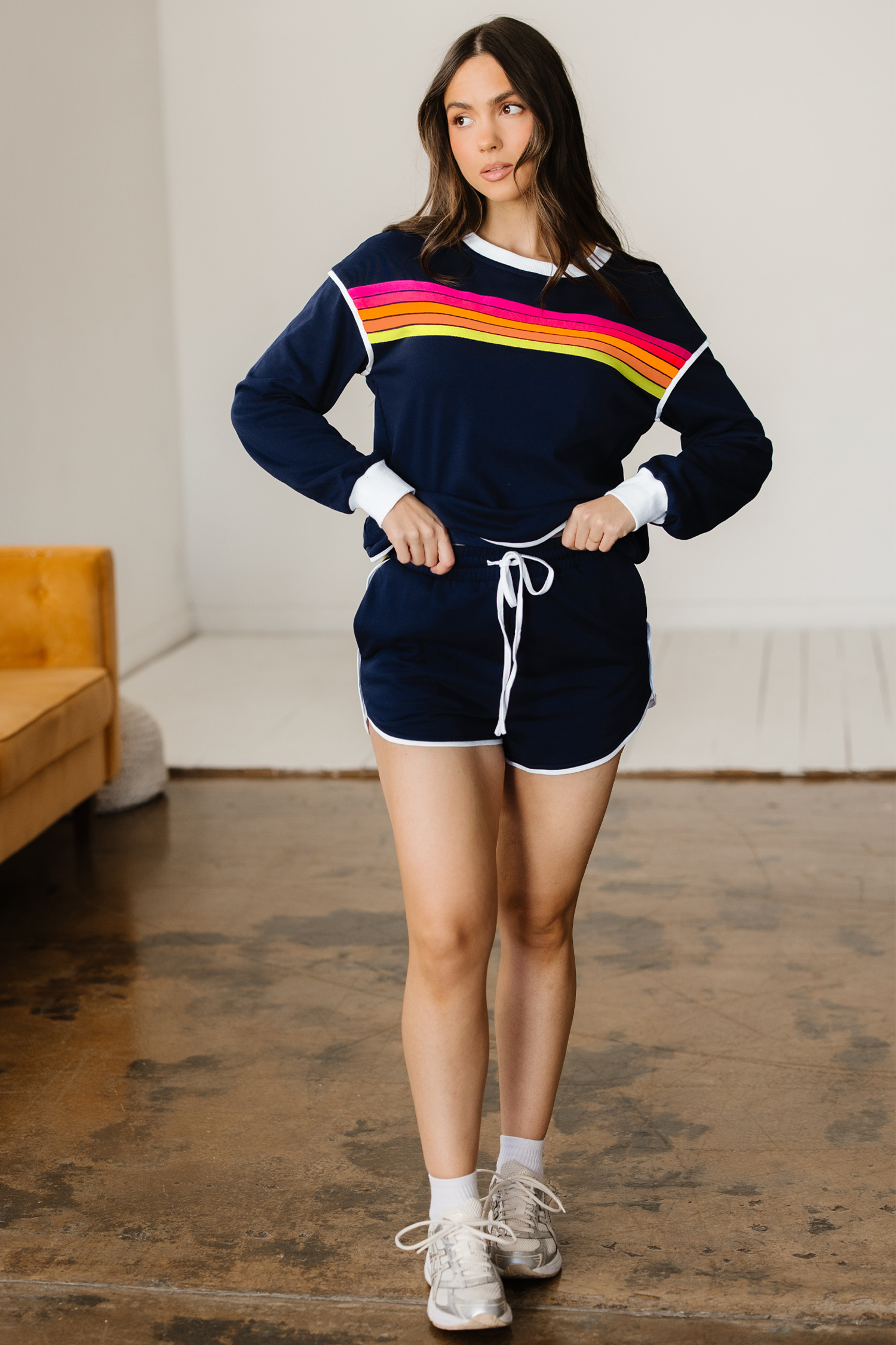 Bluing Colorful Striped Accent Varsity Long Sleeve Pullover and Shorts Matching Set view 6