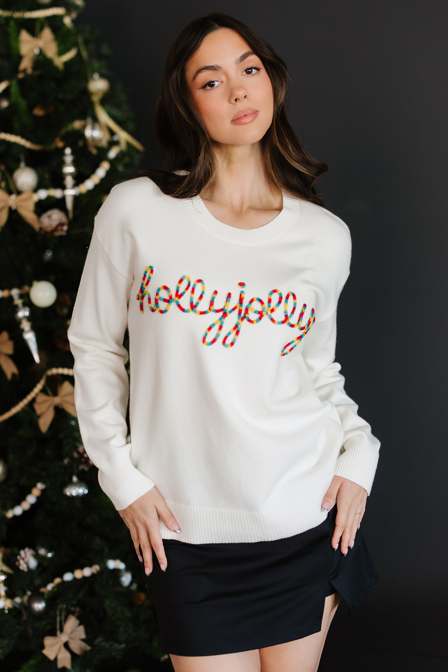 Beige Colorful Holly Jolly Christmas Knit Loose Sweater view 3