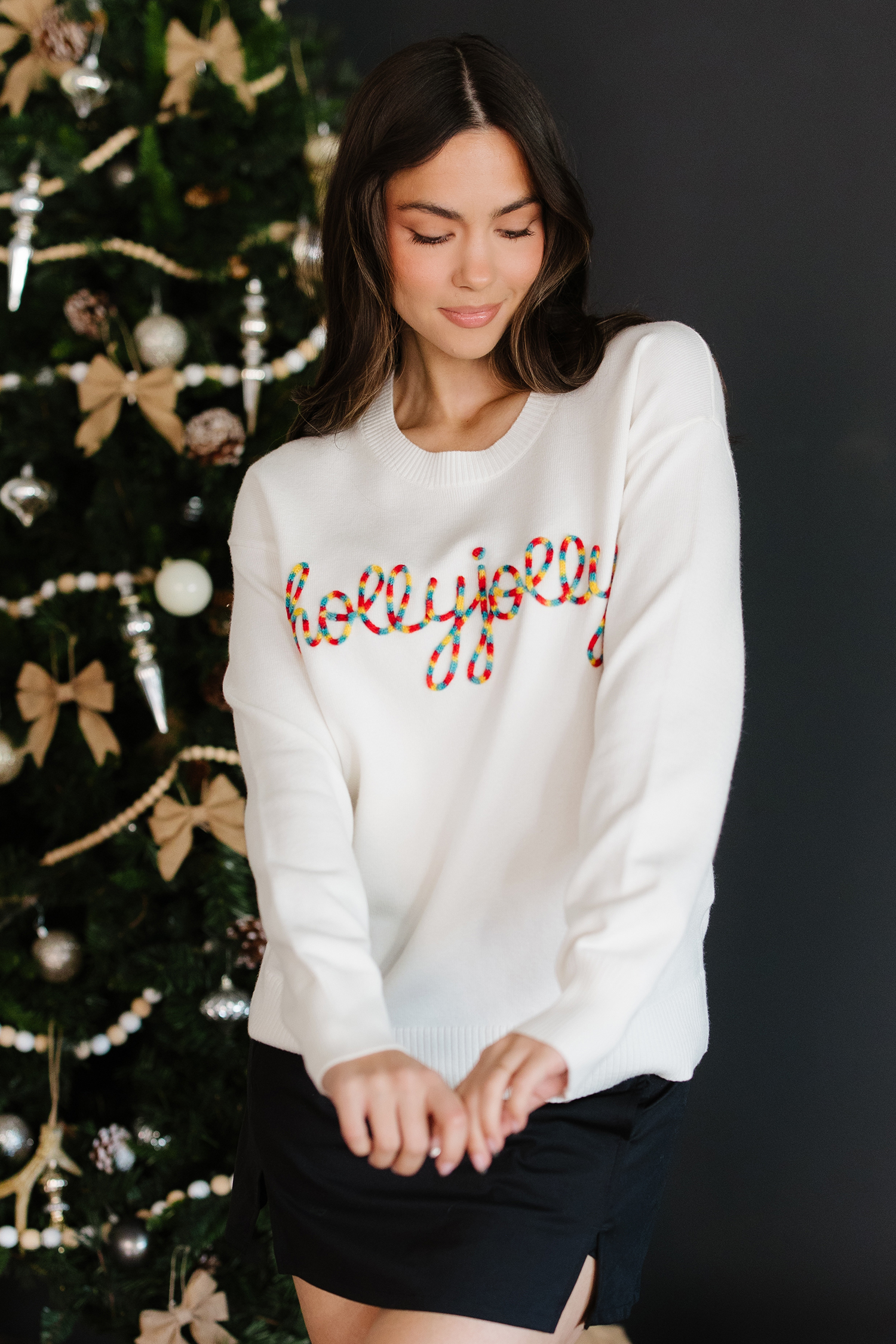 Beige Colorful Holly Jolly Christmas Knit Loose Sweater view 5