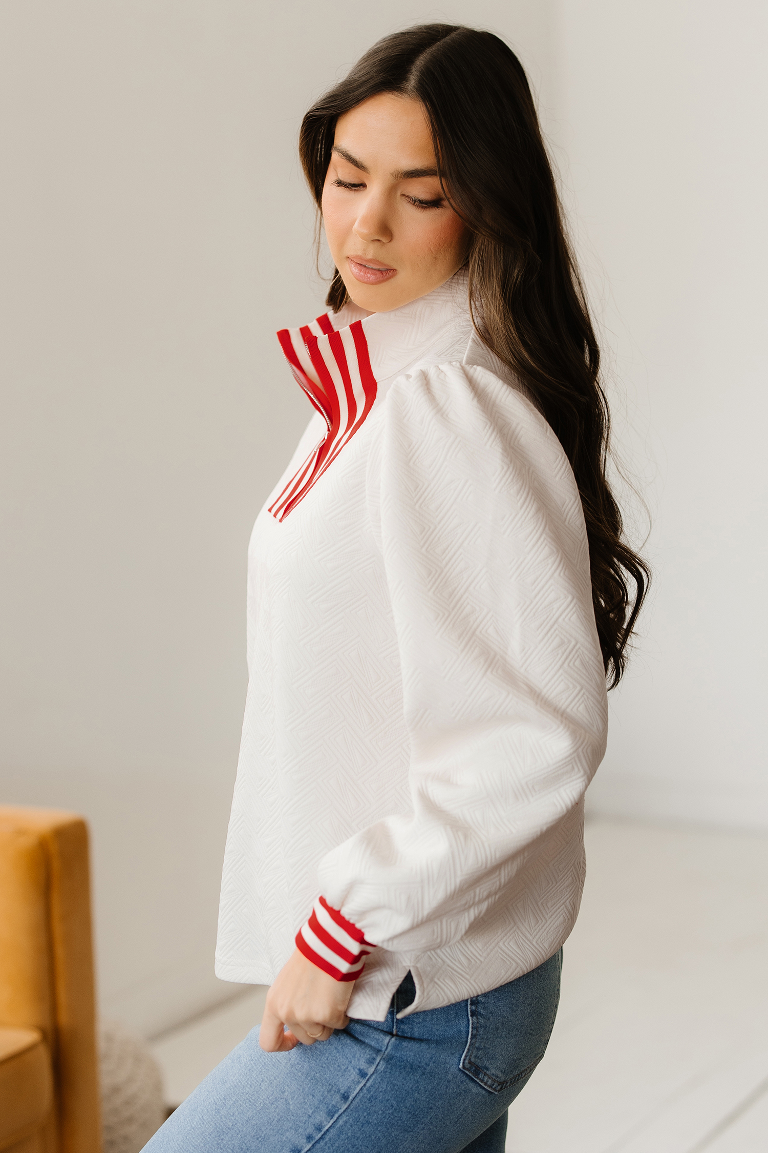 White Textured Knit Contrast Striped Accent Zipped Collar Pullover Top view 3