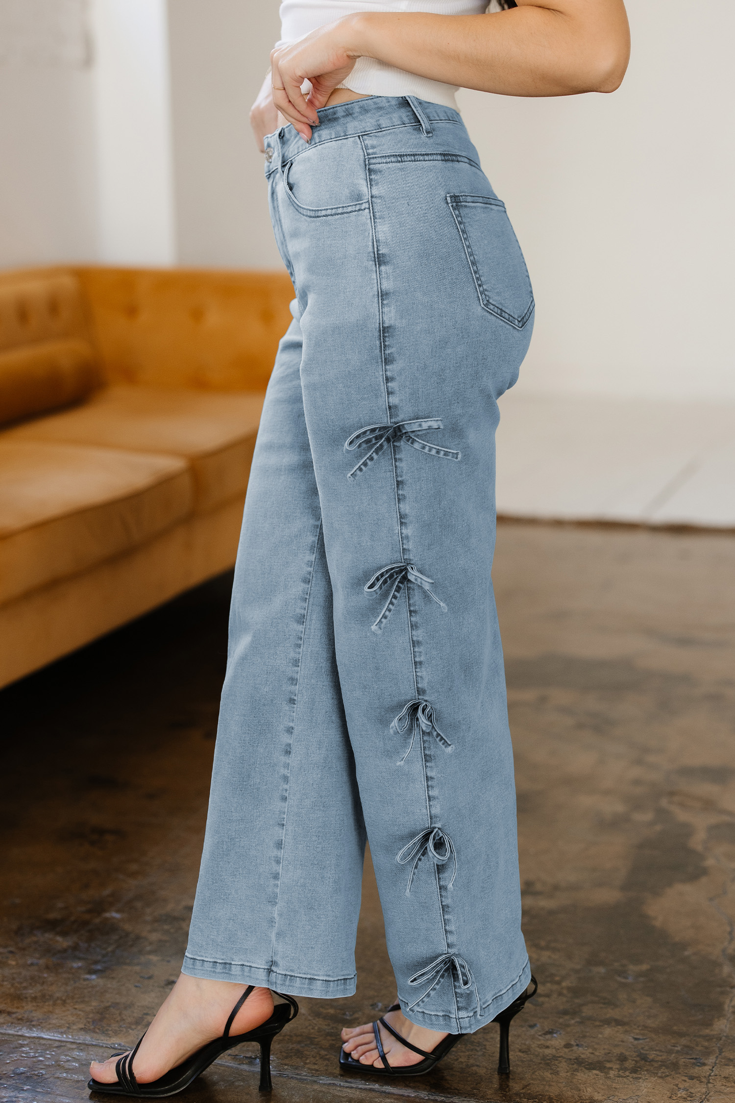 Beau Blue Bow Knot Side Detail Straight Leg Loose Jeans view 3
