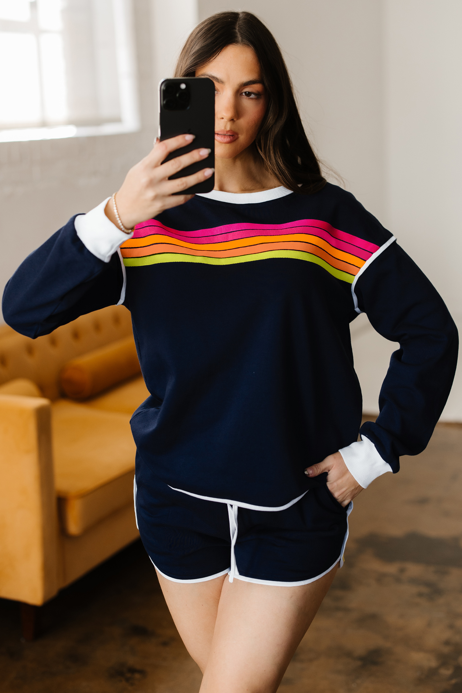 Bluing Colorful Striped Accent Varsity Long Sleeve Pullover and Shorts Matching Set view 5