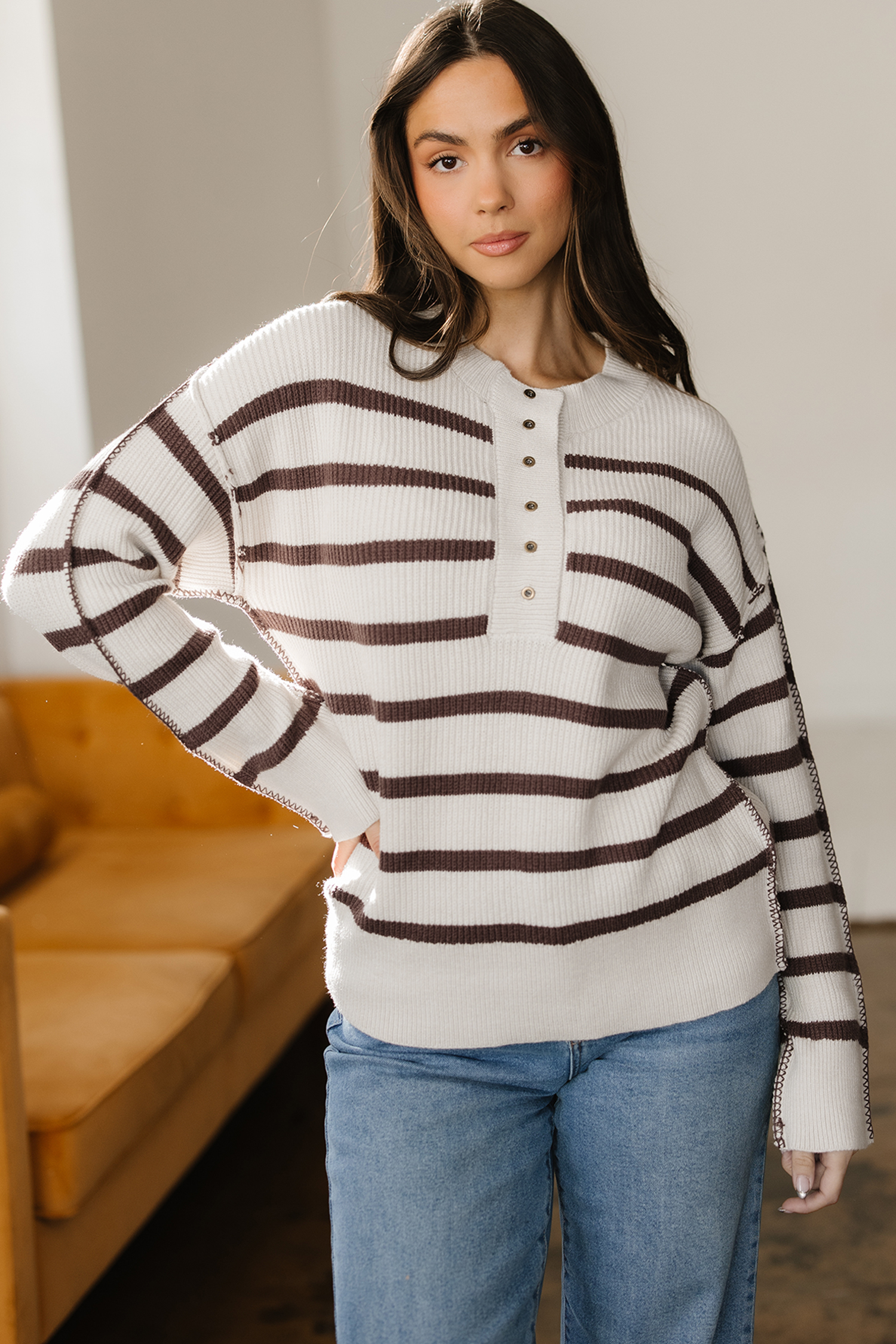 Brown Stripe Ribbed Henley Drop Shoulder Slouchy Sweater view 6