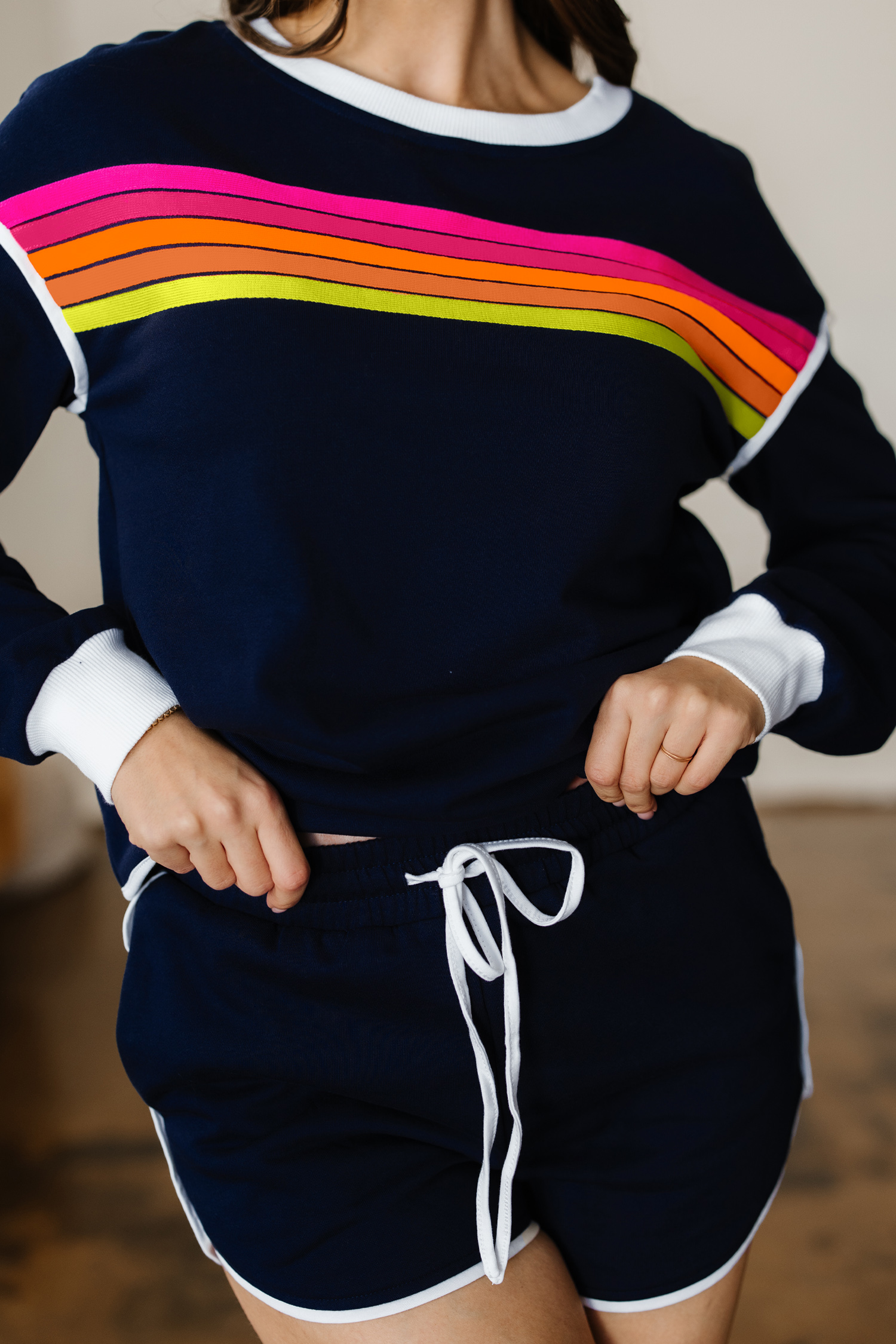 Bluing Colorful Striped Accent Varsity Long Sleeve Pullover and Shorts Matching Set view 7