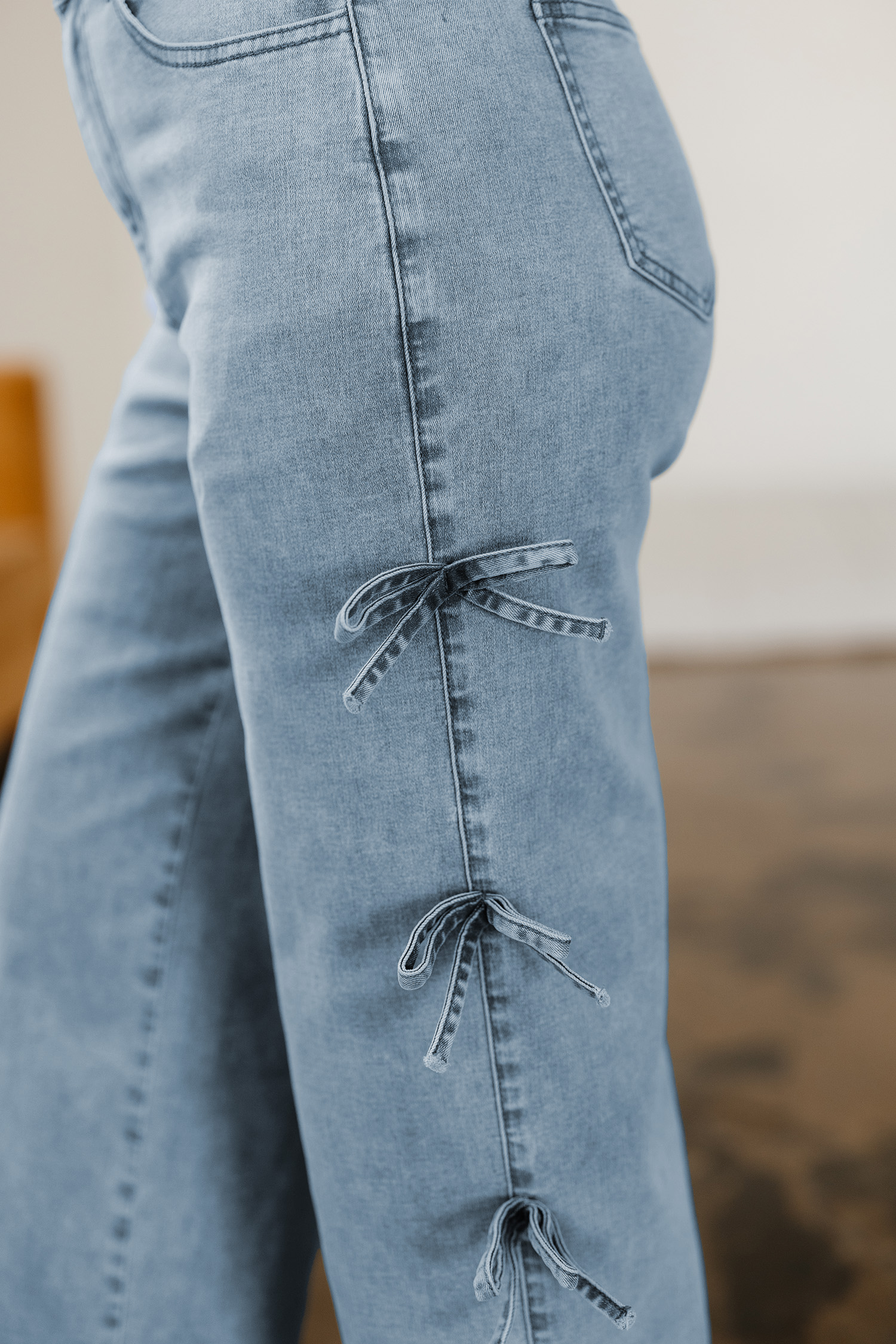 Beau Blue Bow Knot Side Detail Straight Leg Loose Jeans view 7
