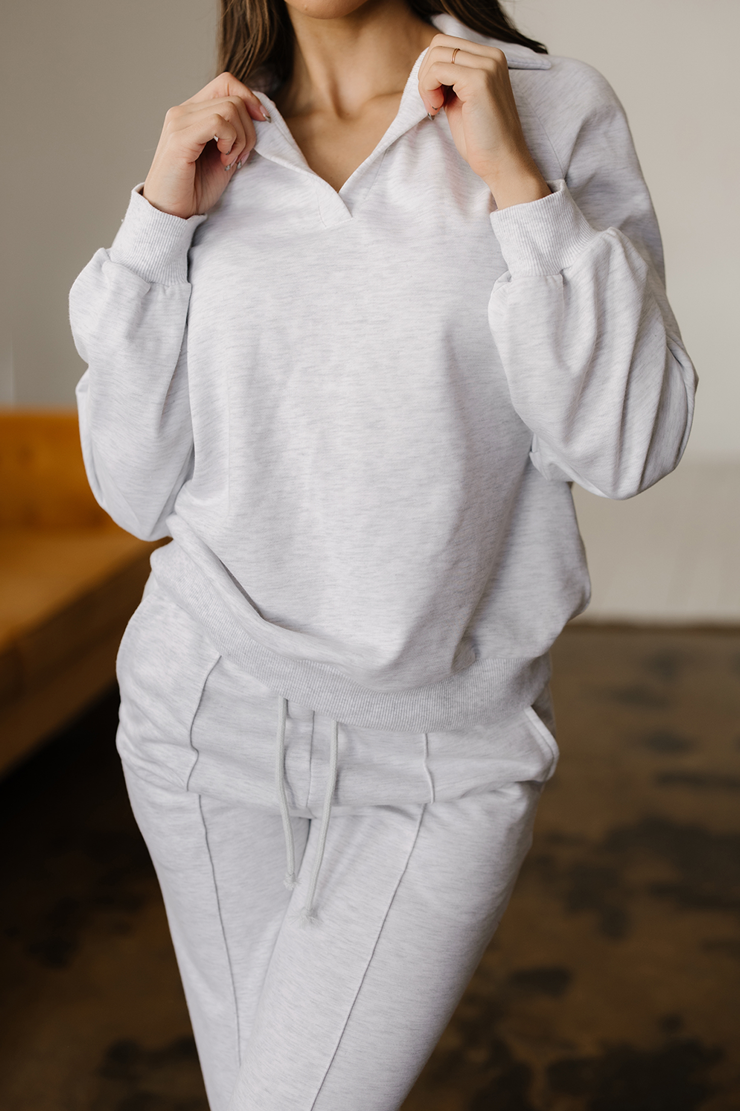 Light Grey Polo Collar V Neck Pullover and Drawstring Sweatpants Set view 8
