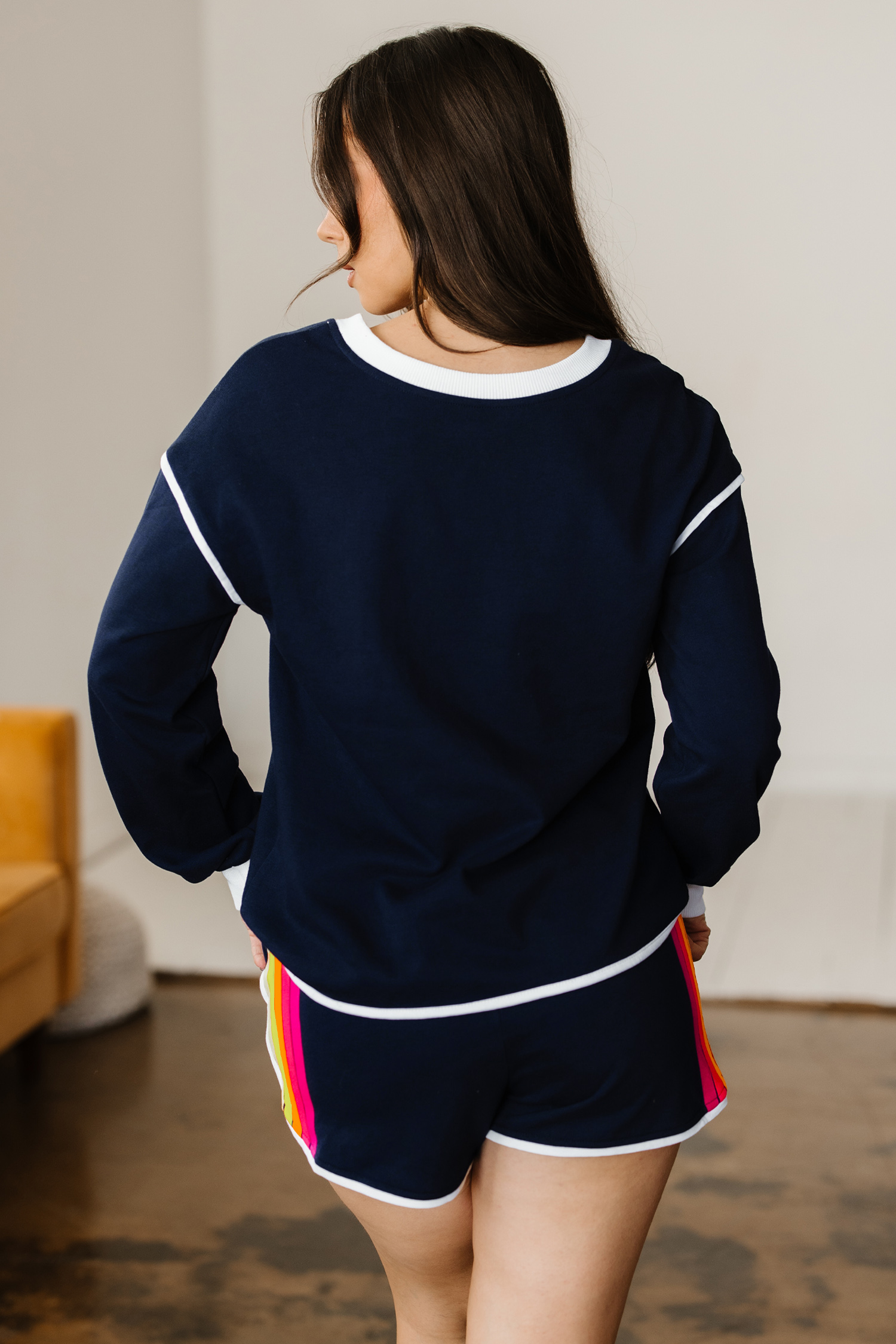 Bluing Colorful Striped Accent Varsity Long Sleeve Pullover and Shorts Matching Set view 2