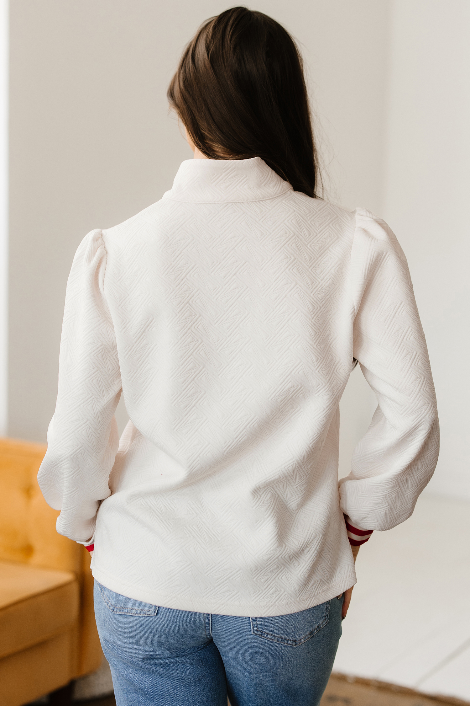 White Textured Knit Contrast Striped Accent Zipped Collar Pullover Top view 2
